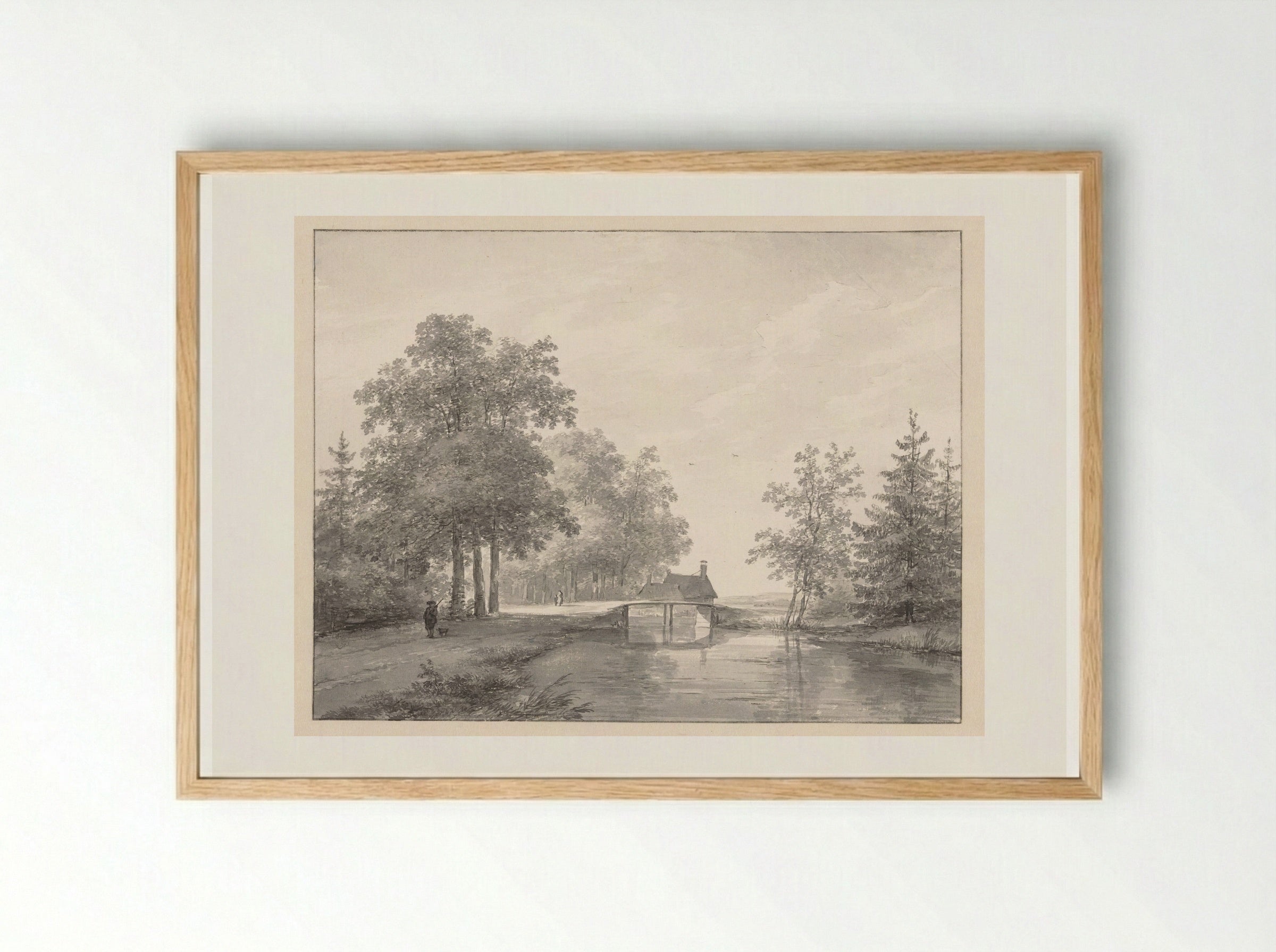 Landschap met vaart en brug, links een jager met hond - Andreas Schelfhout - Framed Print Wood