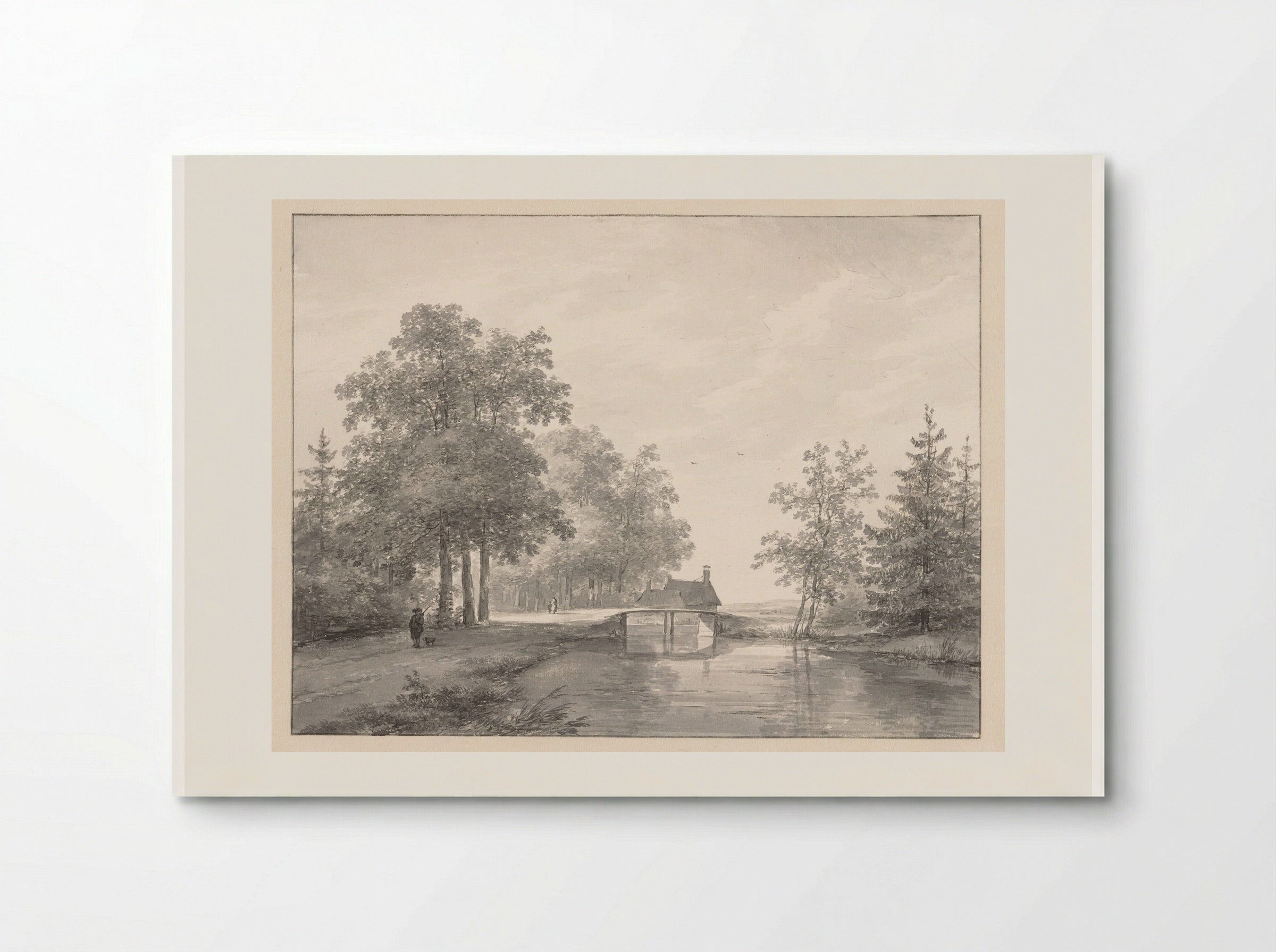 Landschap met vaart en brug, links een jager met hond - Andreas Schelfhout - Poster