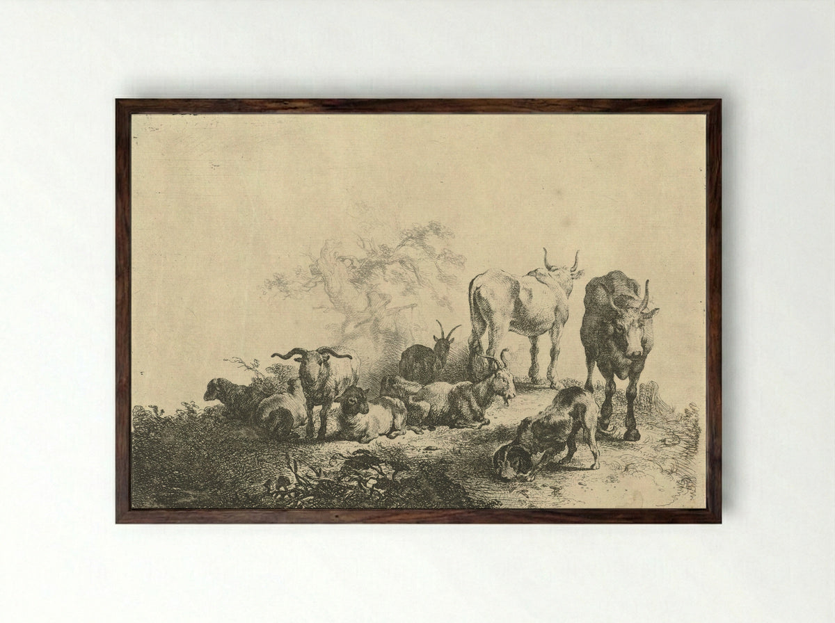 Landschap met vee en een melkmeid - Jan van Noordt - Framed Print Dark Wood