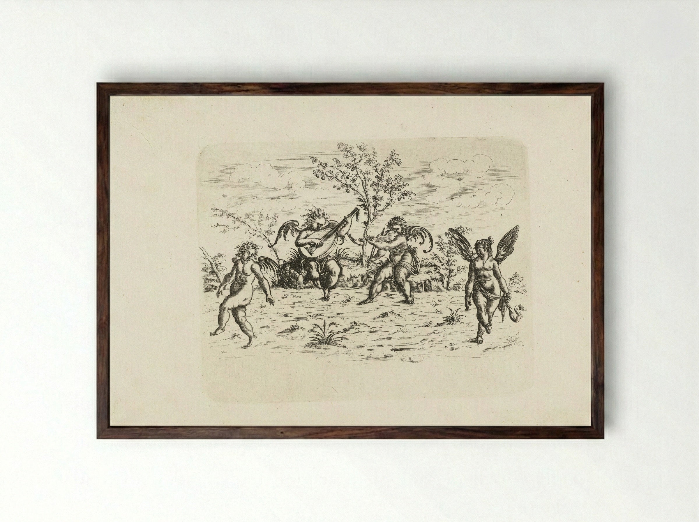 Landschap met vier putti - Christoph Jamnitzer - Framed Print Dark Wood
