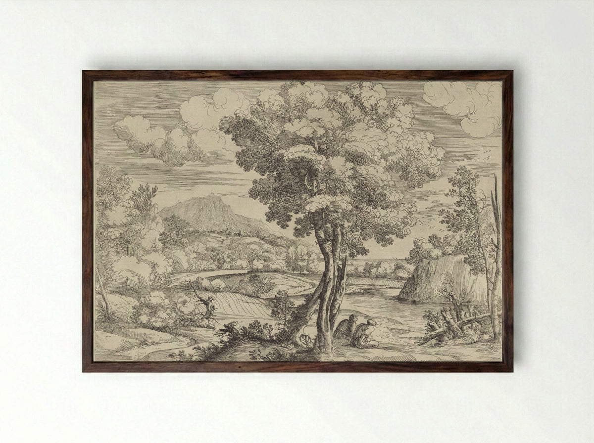 Landschap met vogel op boomstronk - Giovanni Francesco Grimaldi - Framed Print Dark Wood