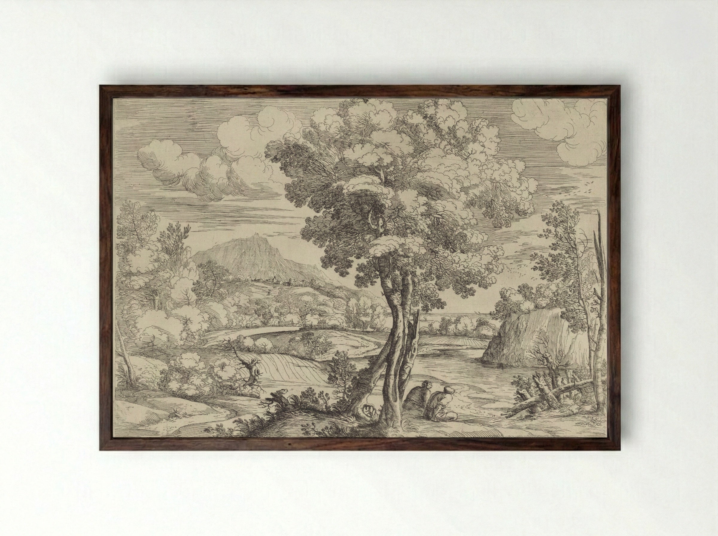 Landschap met vogel op boomstronk - Giovanni Francesco Grimaldi - Framed Print Dark Wood