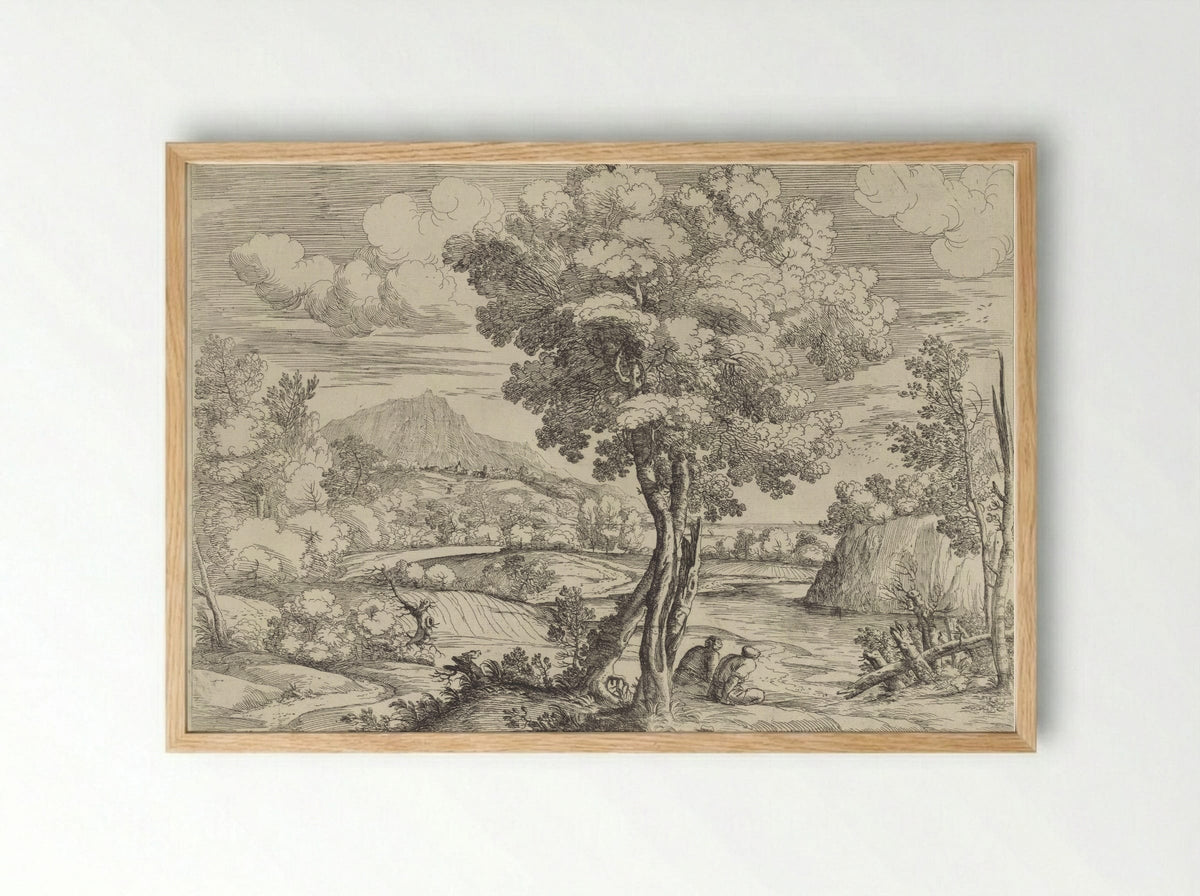 Landschap met vogel op boomstronk - Giovanni Francesco Grimaldi - Framed Print Wood
