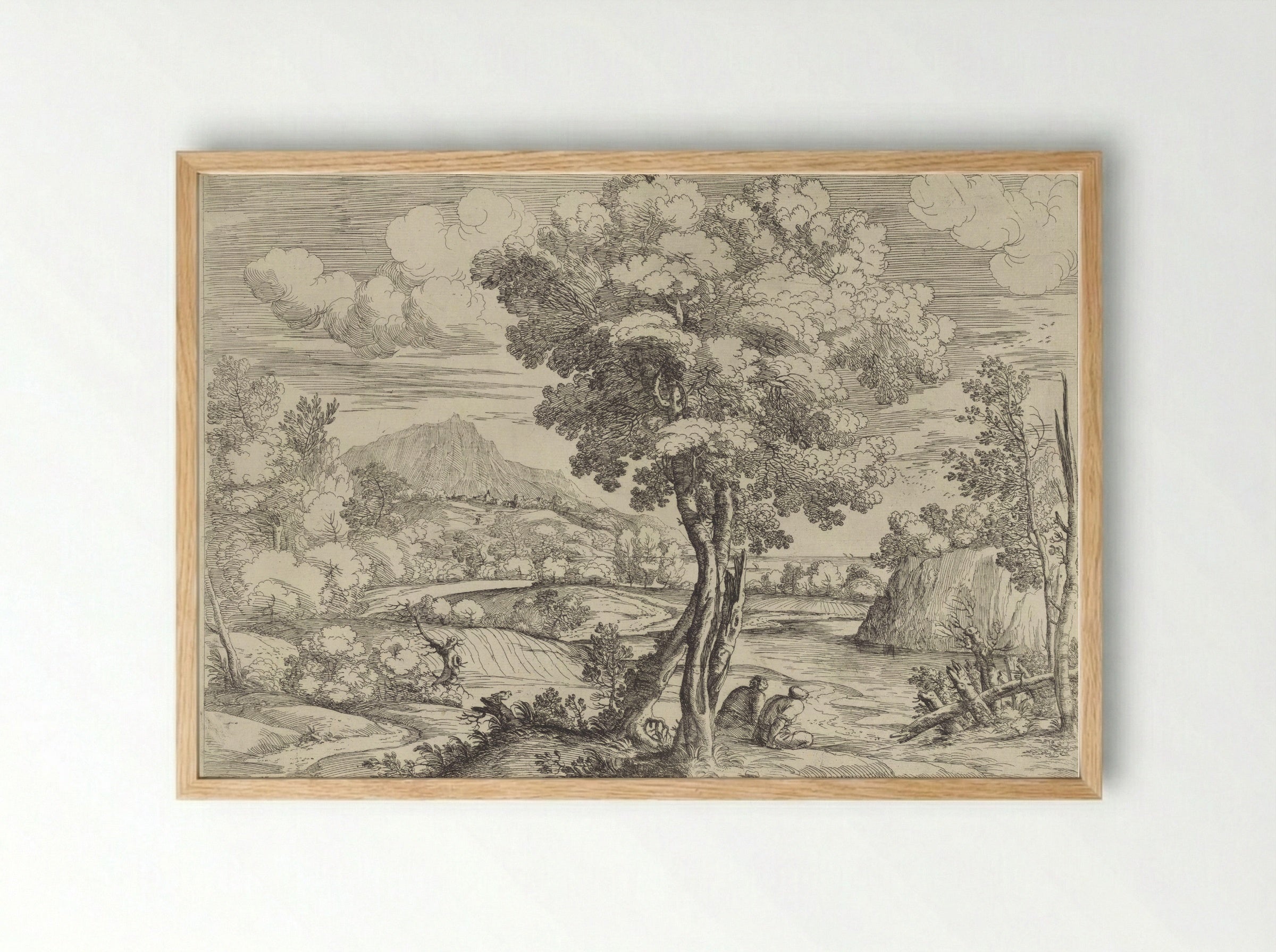 Landschap met vogel op boomstronk - Giovanni Francesco Grimaldi - Framed Print Wood