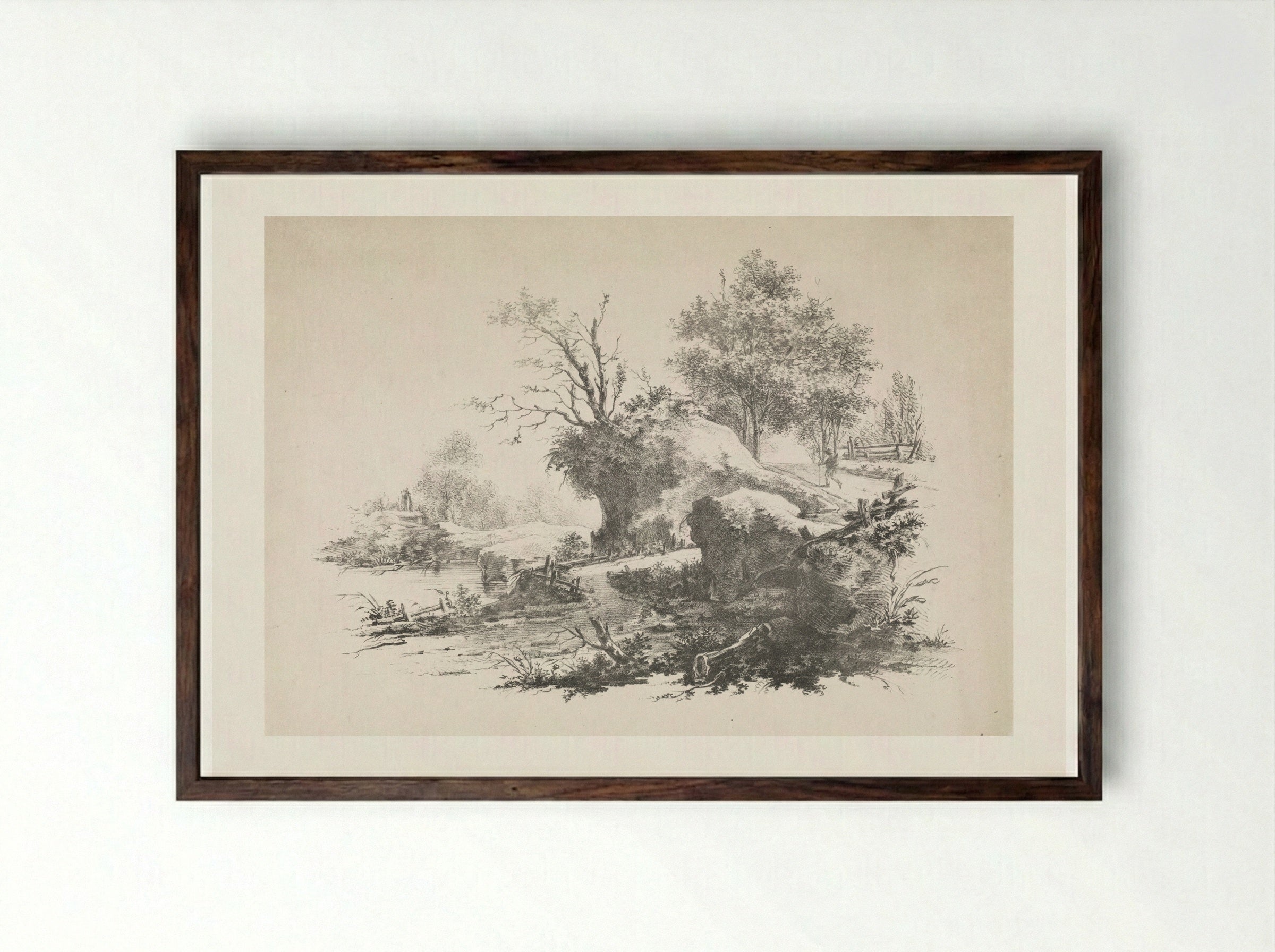 Landschap met wandelaar - Joannes Bemme - Framed Print Dark Wood