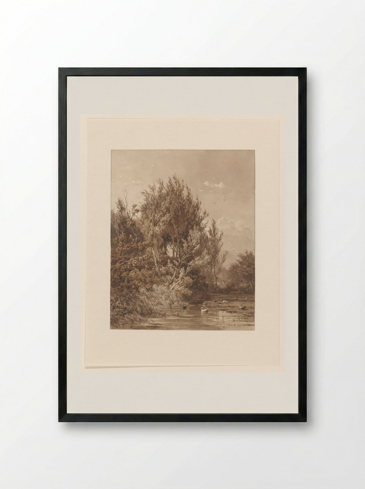 Landschap met water met eenden - Jan Willem van Borselen - Framed Print Black
