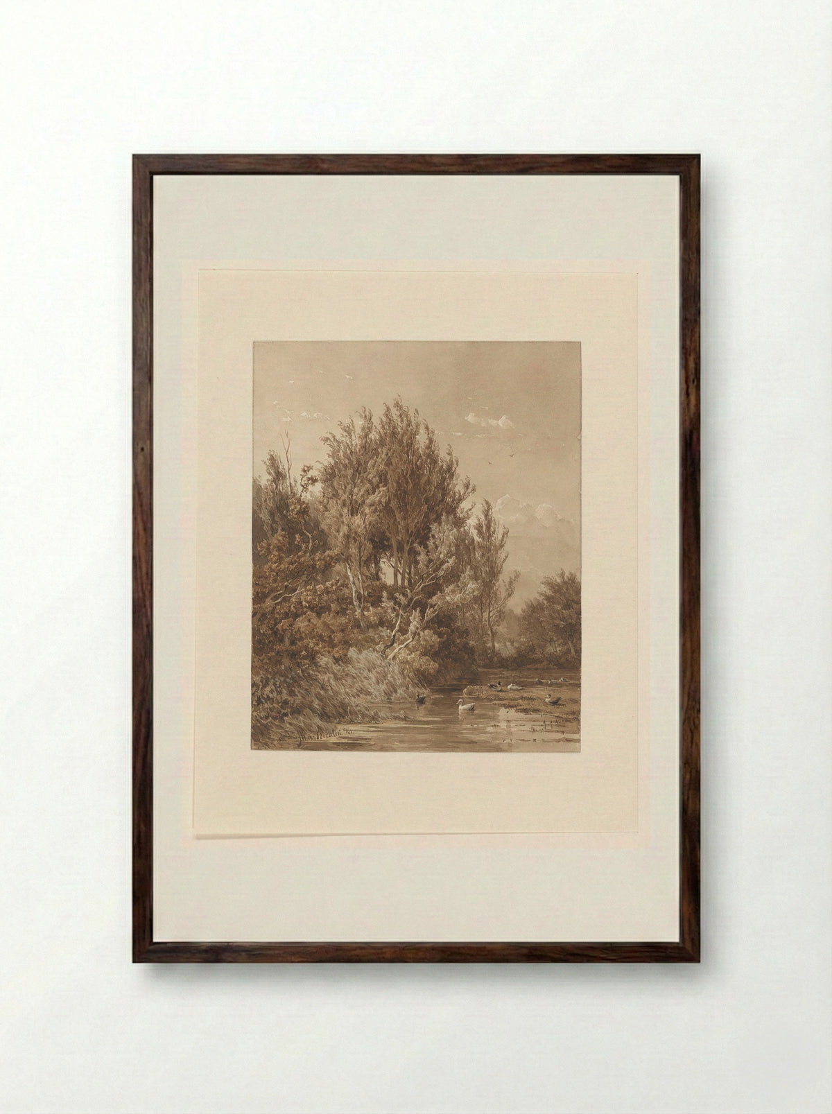 Landschap met water met eenden - Jan Willem van Borselen - Framed Print Dark Wood