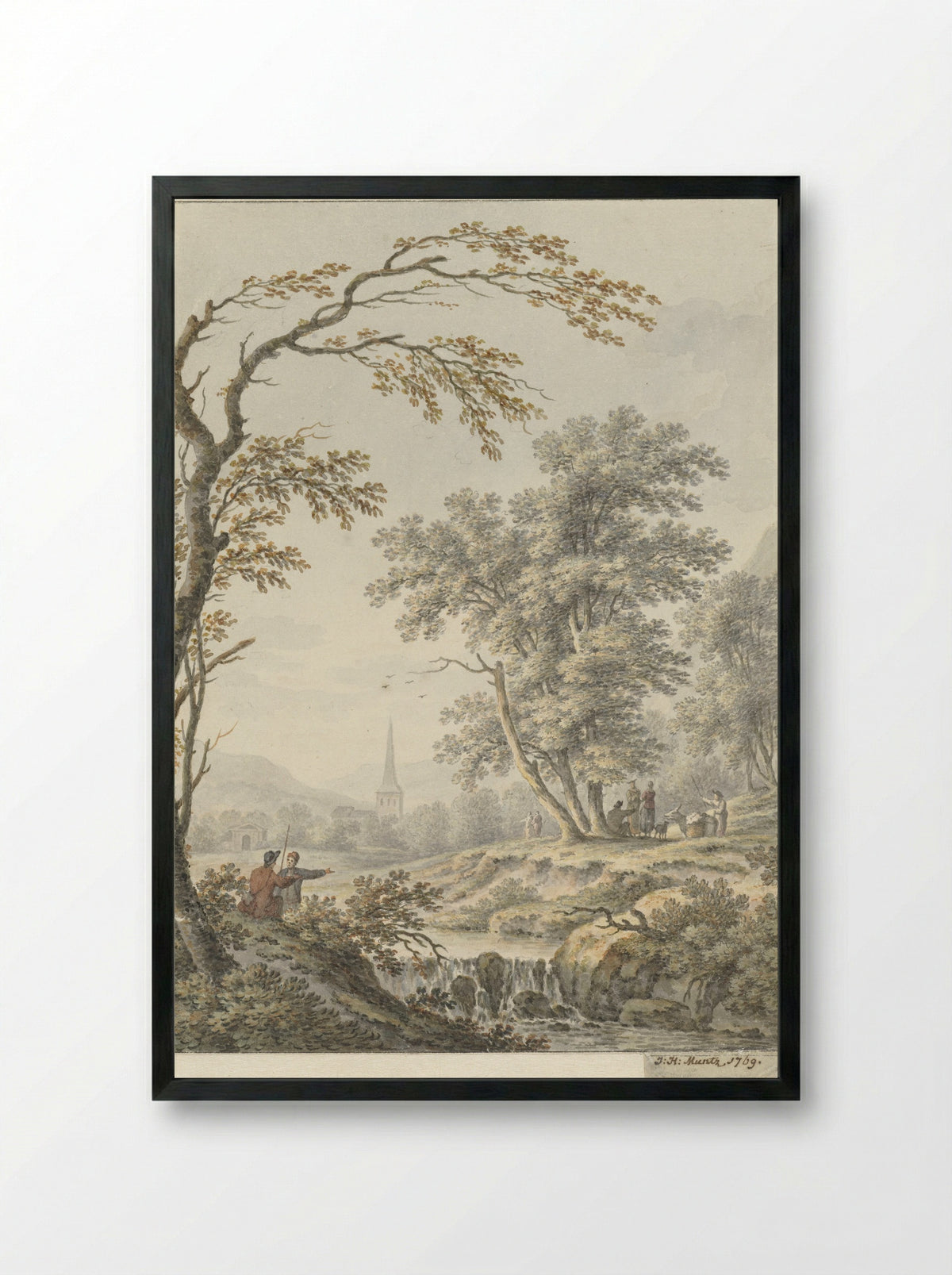 Landschap met waterval en in de verte een kerk - Johann Heinrich Müntz - Framed Print Black