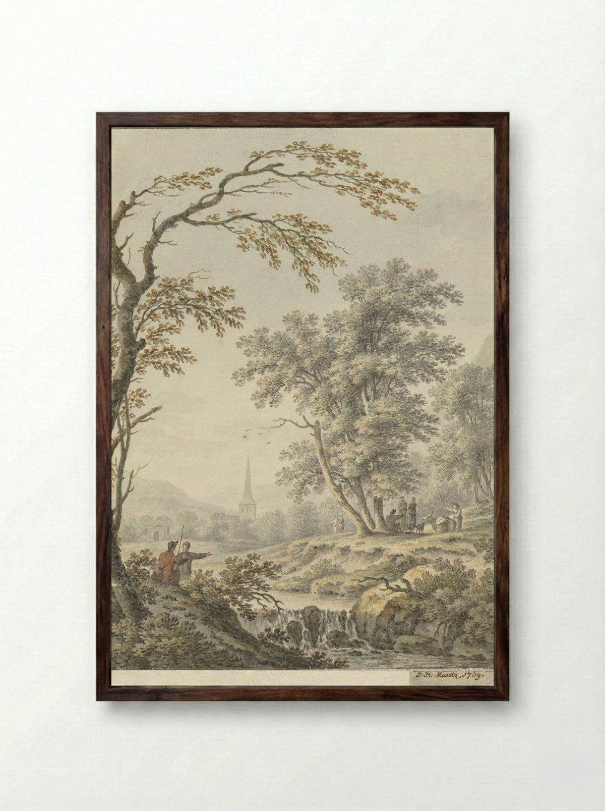 Landschap met waterval en in de verte een kerk - Johann Heinrich Müntz - Framed Print Dark Wood