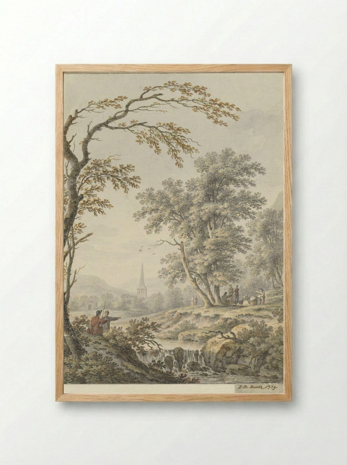 Landschap met waterval en in de verte een kerk - Johann Heinrich Müntz - Framed Print Wood