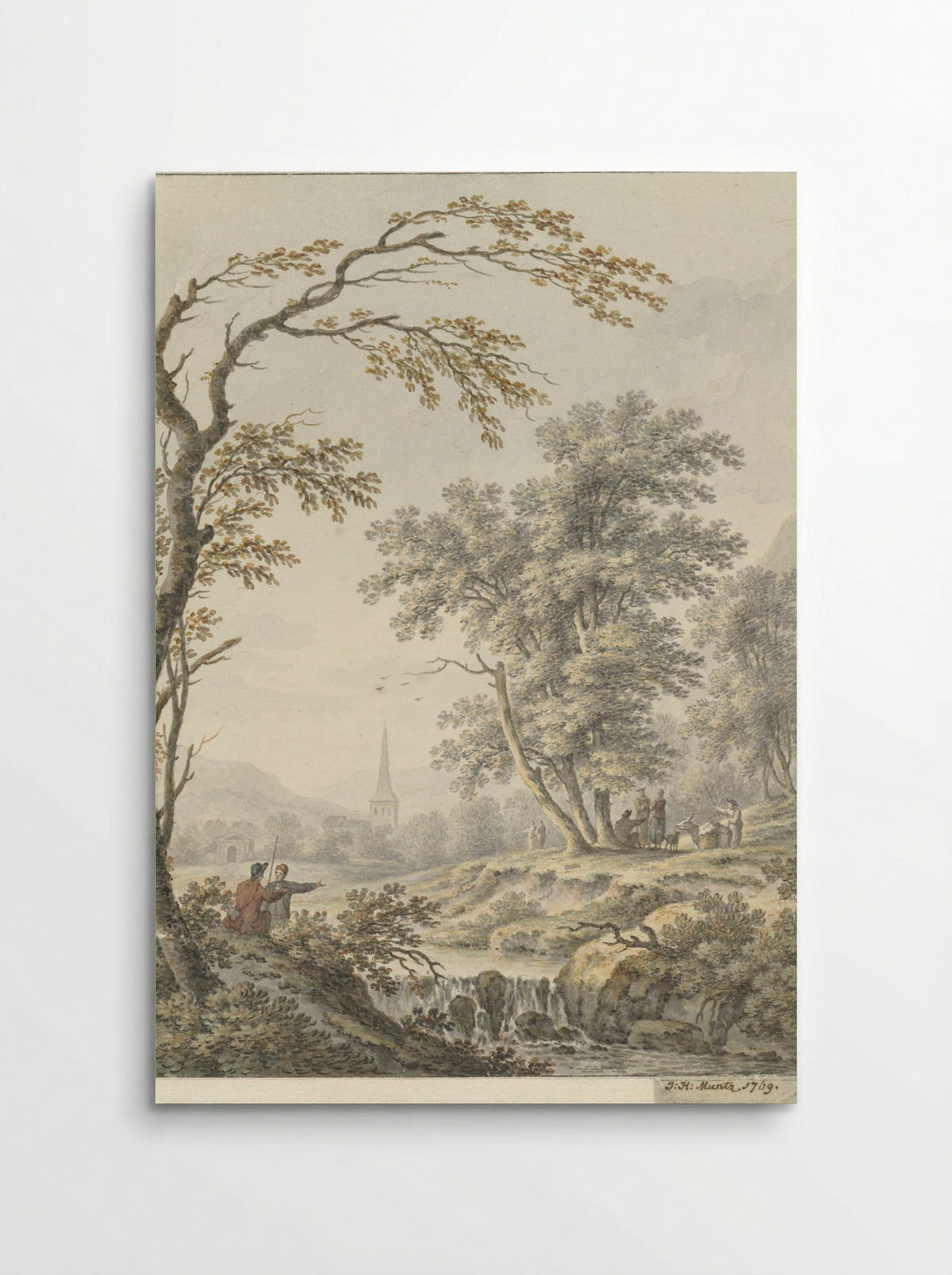 Landschap met waterval en in de verte een kerk - Johann Heinrich Müntz - Poster