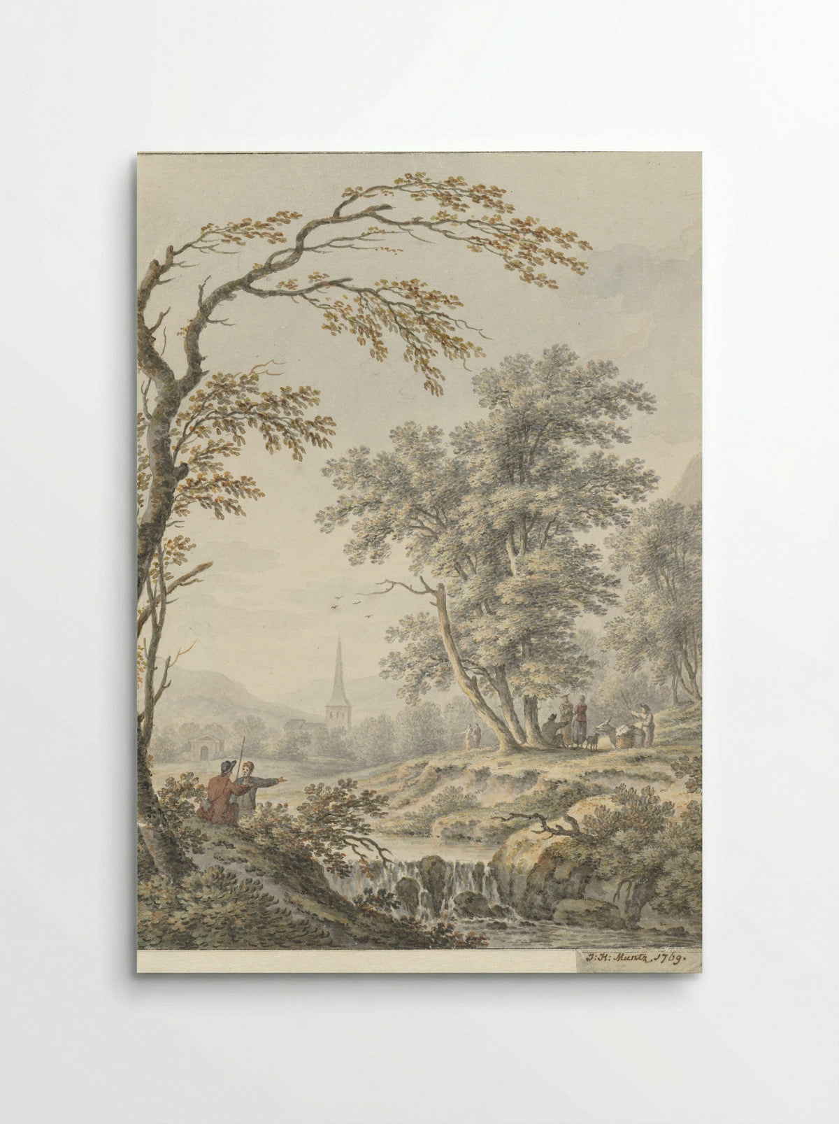 Landschap met waterval en in de verte een kerk - Johann Heinrich Müntz - Poster