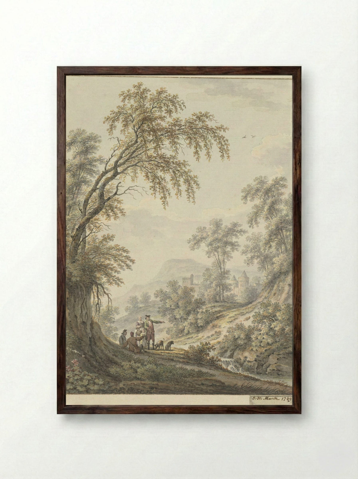 Landschap met watervalletje en in de verte een kasteel - Johann Heinrich Müntz - Framed Print Dark Wood
