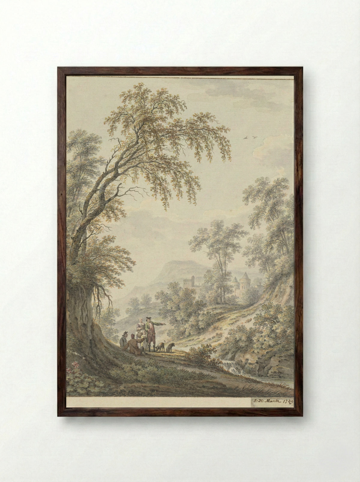 Landschap met watervalletje en in de verte een kasteel - Johann Heinrich Müntz - Framed Print Dark Wood