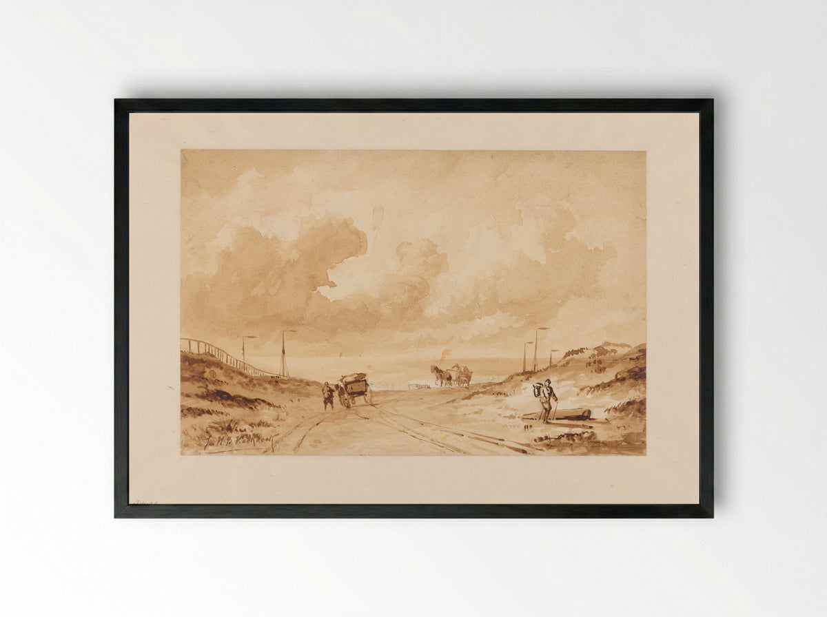 Landschap met weg tussen duinen naar zee - Johannes Hermanus Barend Koekkoek - Framed Print Black