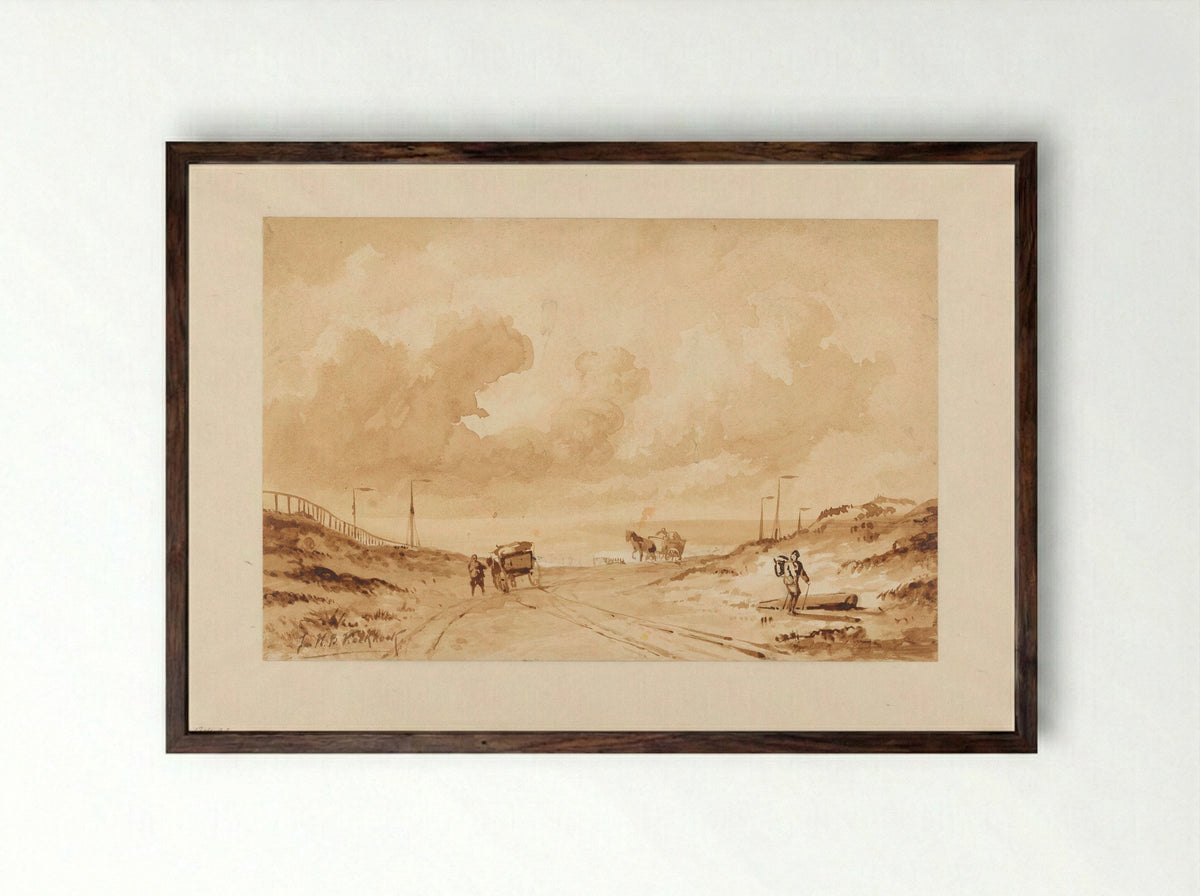 Landschap met weg tussen duinen naar zee - Johannes Hermanus Barend Koekkoek - Framed Print Dark Wood