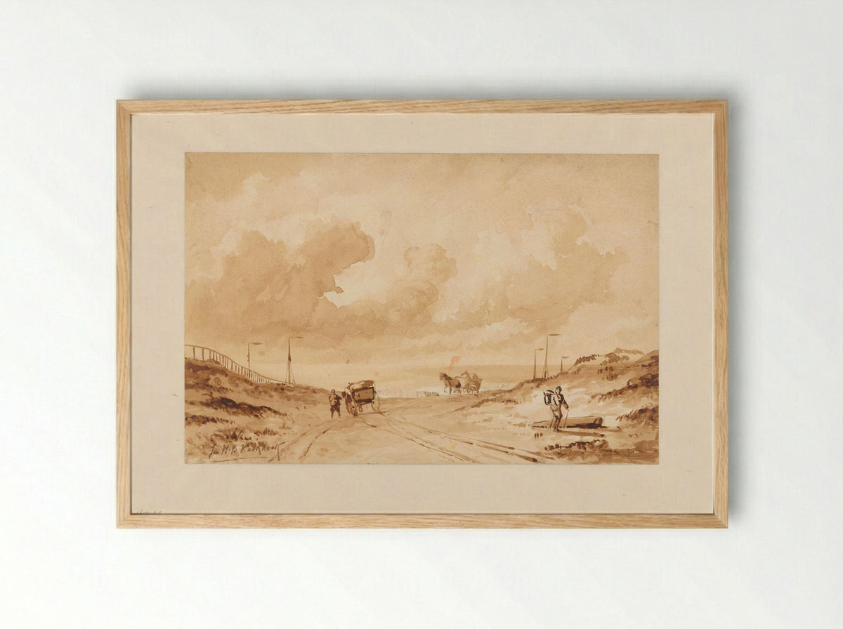 Landschap met weg tussen duinen naar zee - Johannes Hermanus Barend Koekkoek - Framed Print Wood