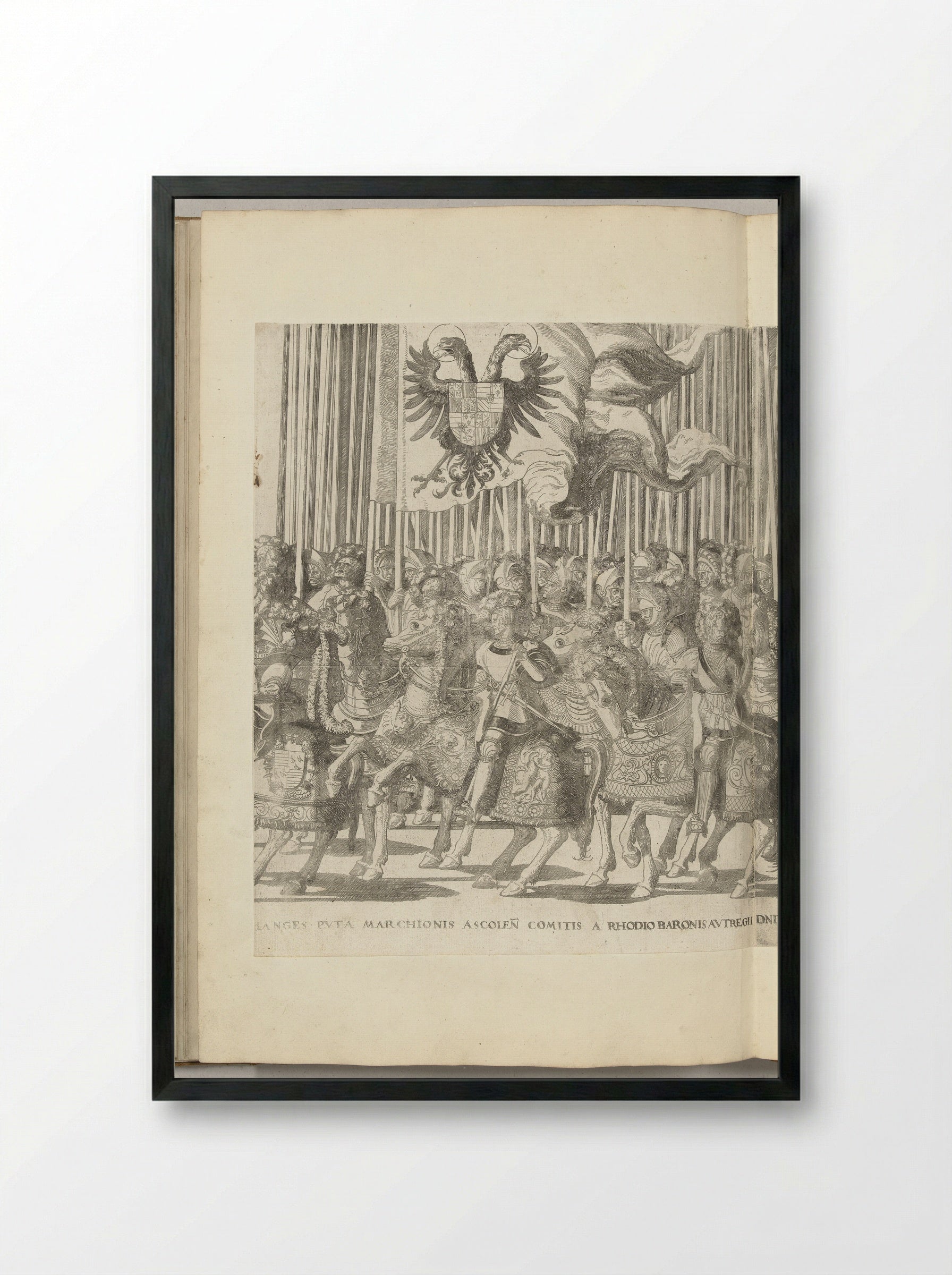Landsknechten met het Habsburgse vaandel en Italiaanse edelen, plaat [KK] - Nicolaas Hogenberg - Framed Print Black