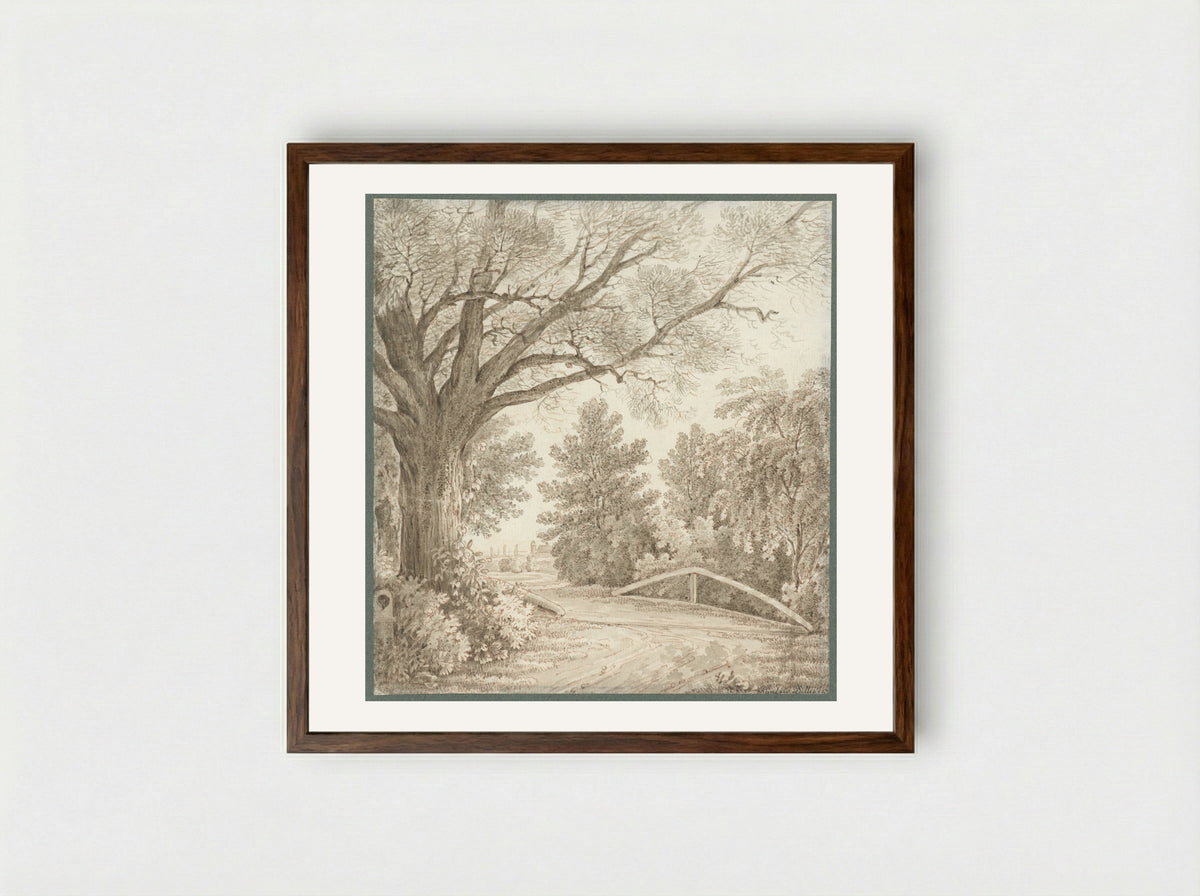 Landweg over eenvoudige brug bij zware boom - Cantius Dillis - Framed Print Dark Wood
