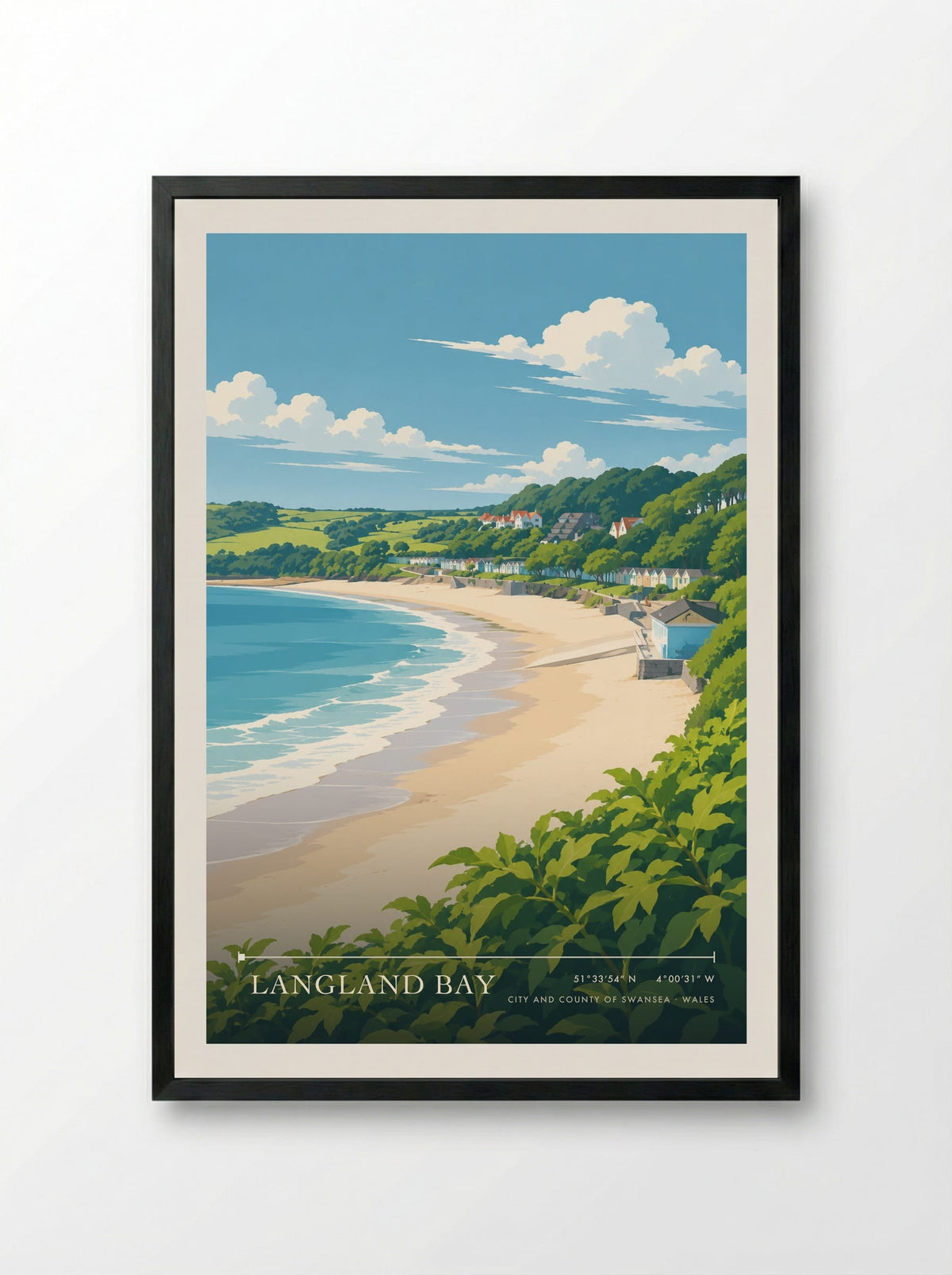 Langland Bay, City and County of Swansea | Travel Poster - Framed Print Black