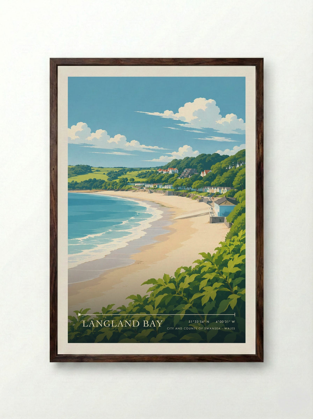 Langland Bay, City and County of Swansea | Travel Poster - Framed Print Dark Wood