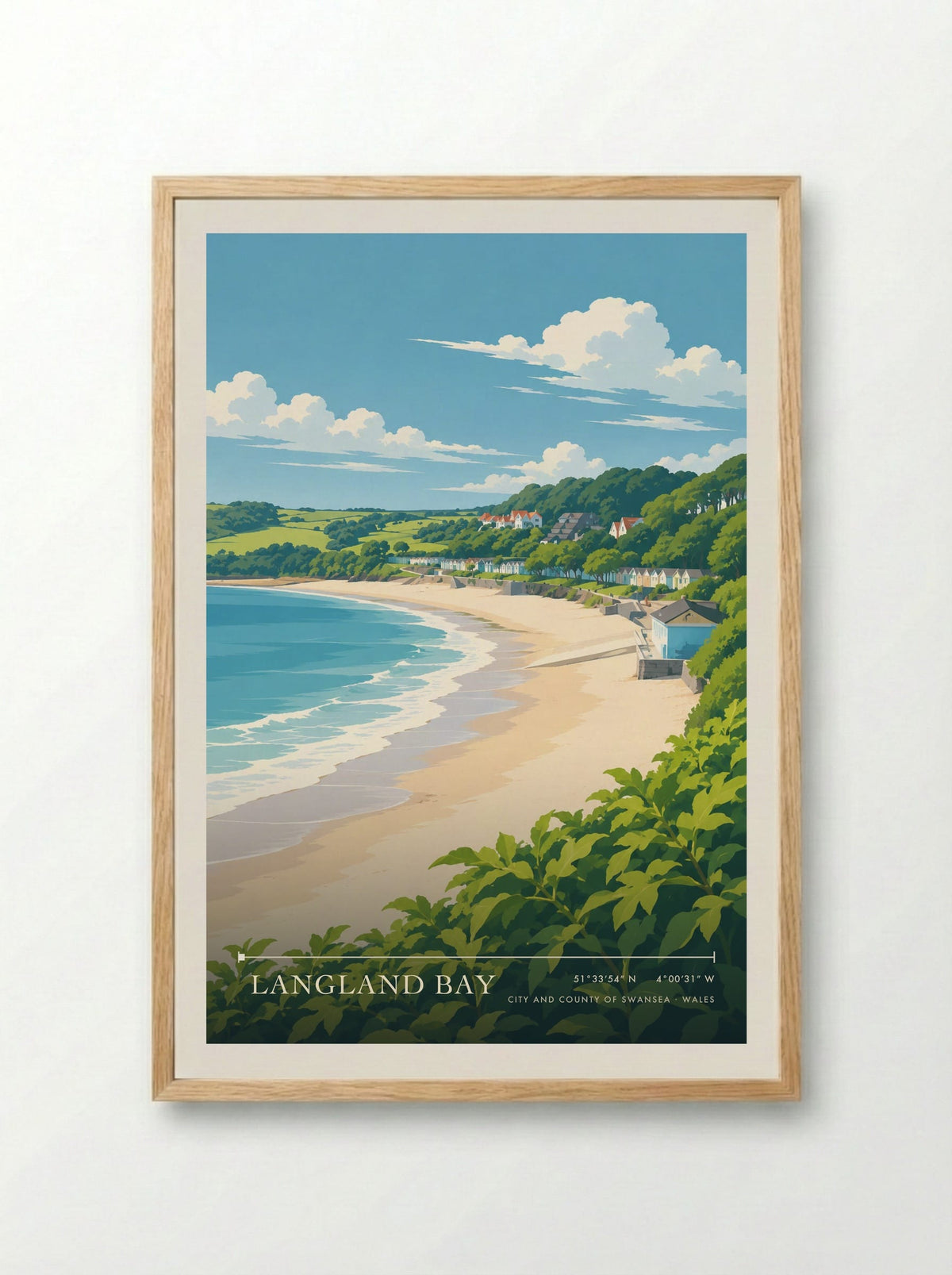 Langland Bay, City and County of Swansea | Travel Poster - Framed Print Wood