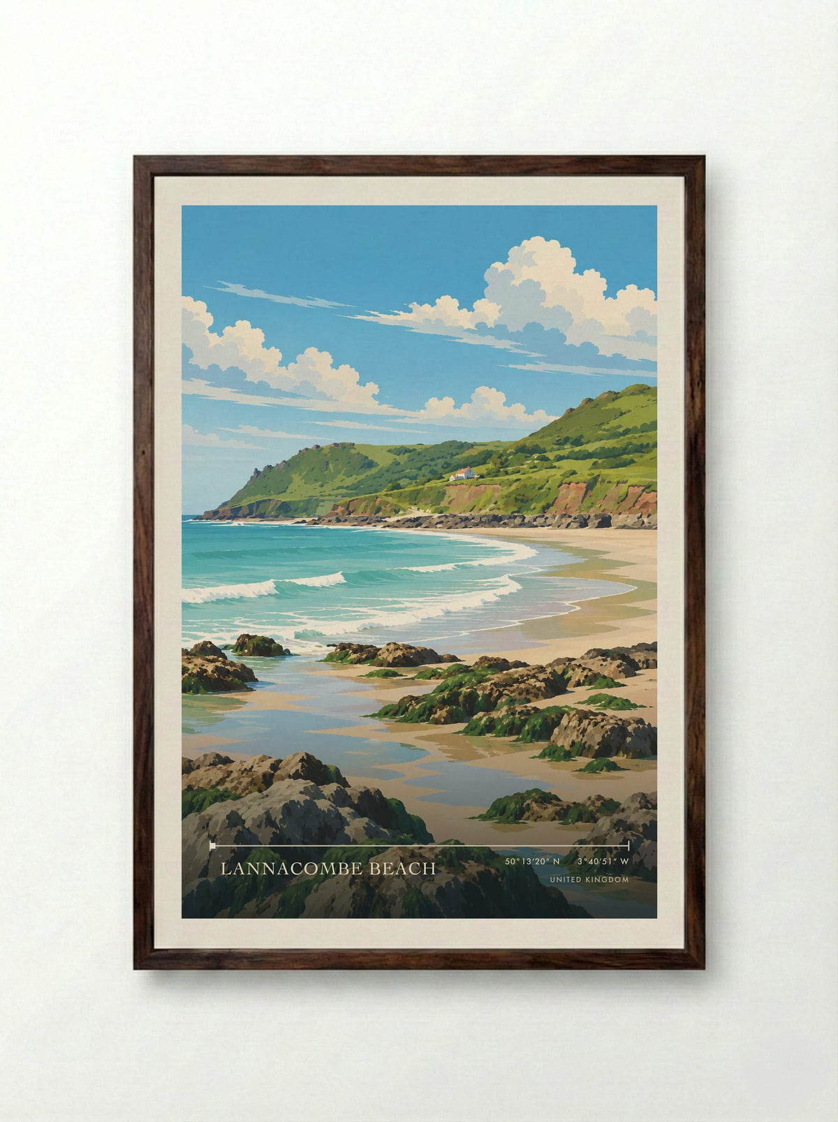 Lannacombe Beach | Travel Poster - Framed Print Dark Wood