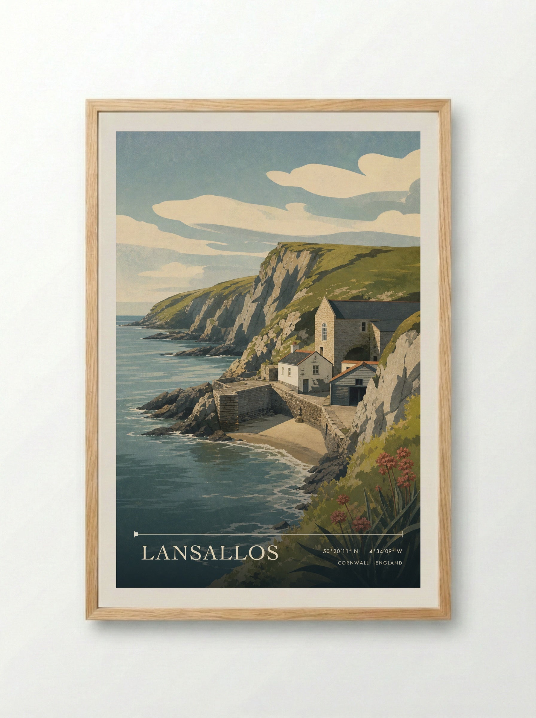 Lansallos Cornwall England Travel Poster - Framed Print Wood