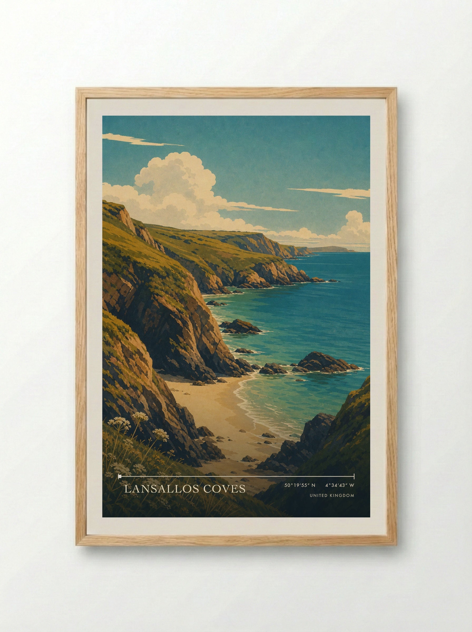 Lansallos Coves United Kingdom Travel Poster - Framed Print Wood