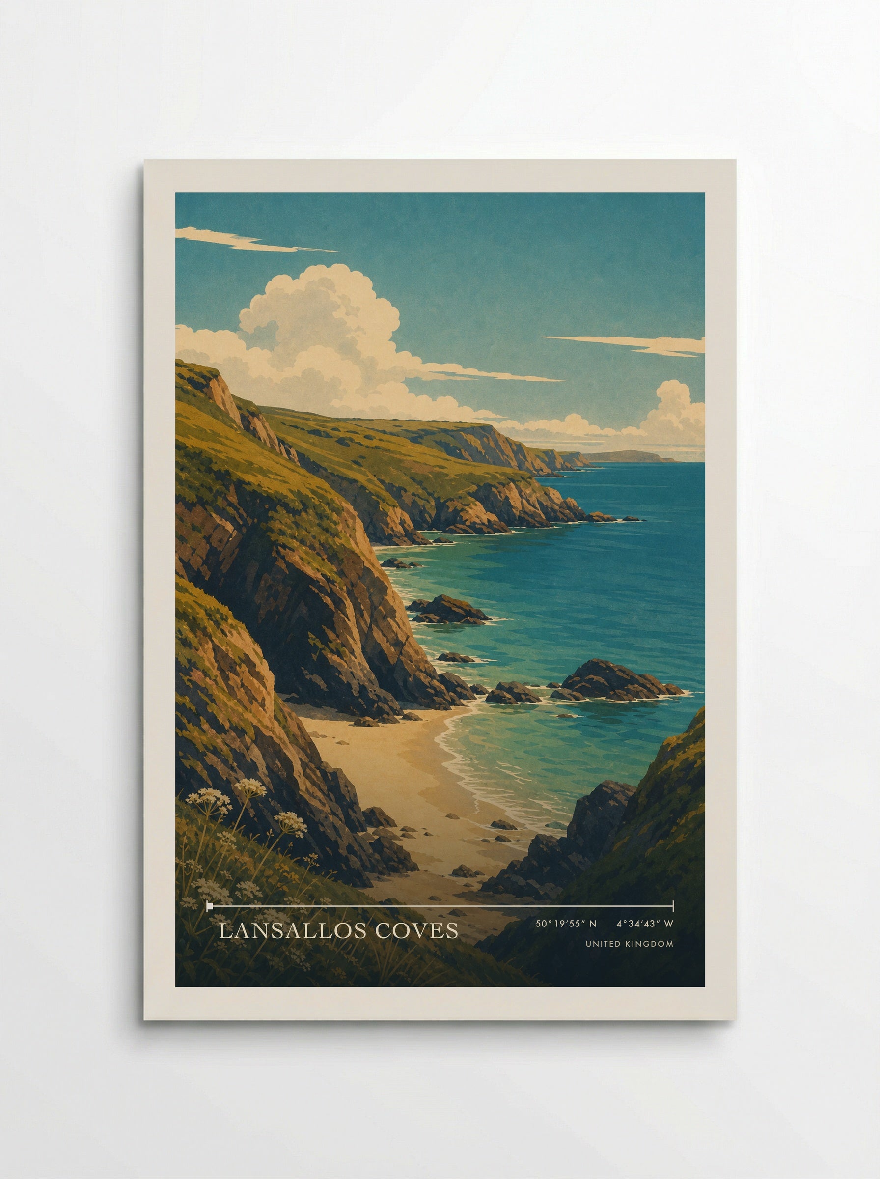 Lansallos Coves United Kingdom Travel Poster - Poster