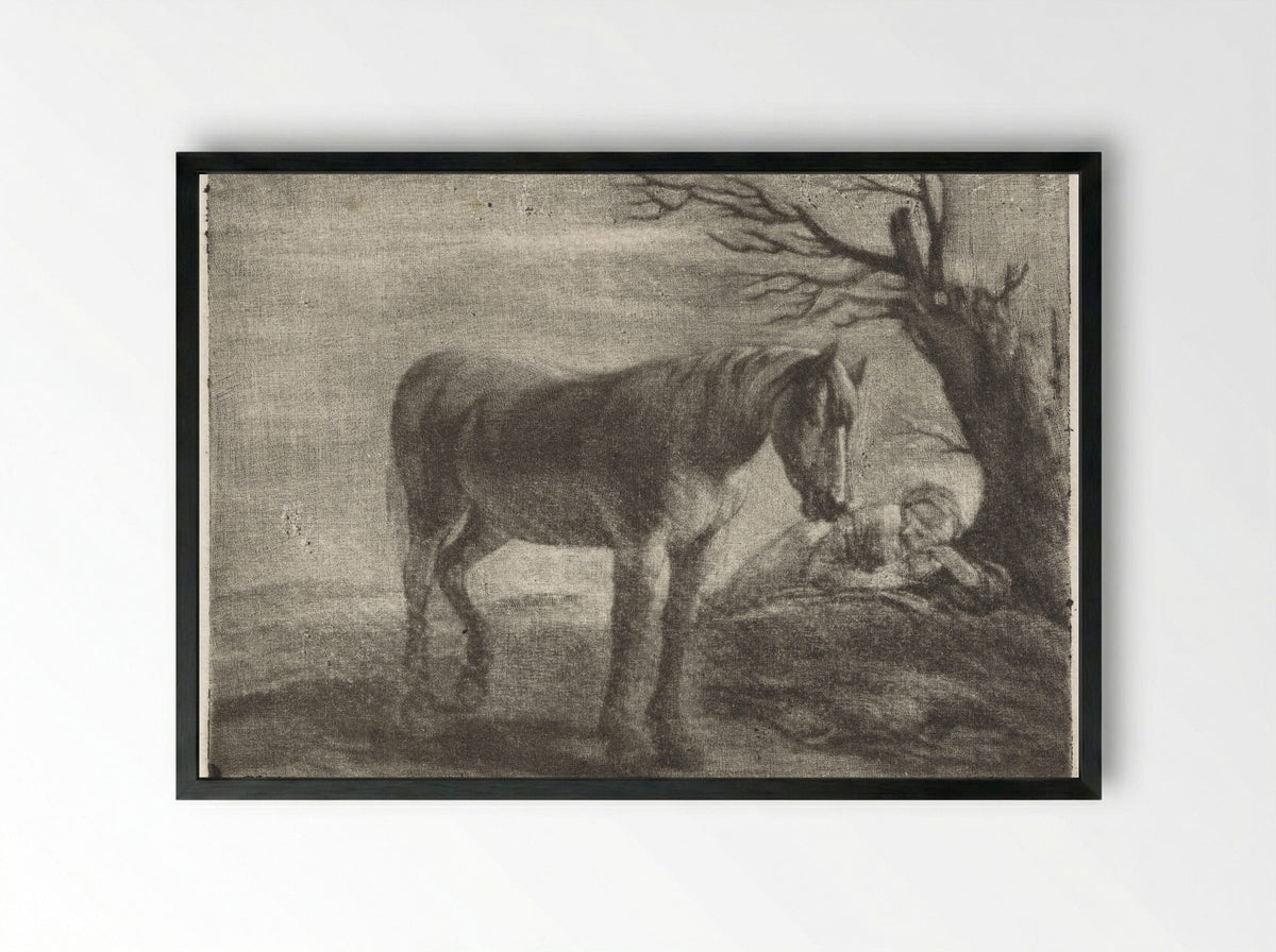 Lanschap met een paard en een slapende vrouw - Dirk Koedijck - Framed Print Black