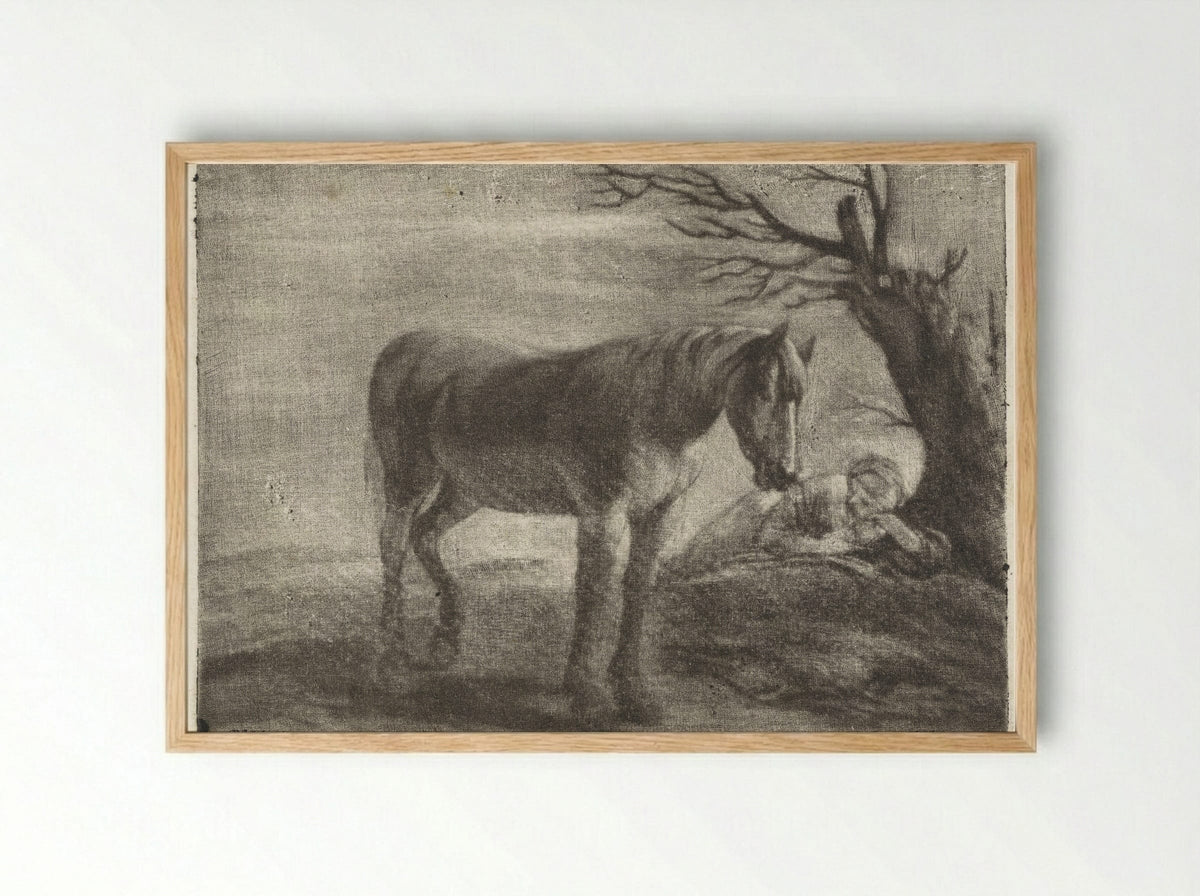 Lanschap met een paard en een slapende vrouw - Dirk Koedijck - Framed Print Wood