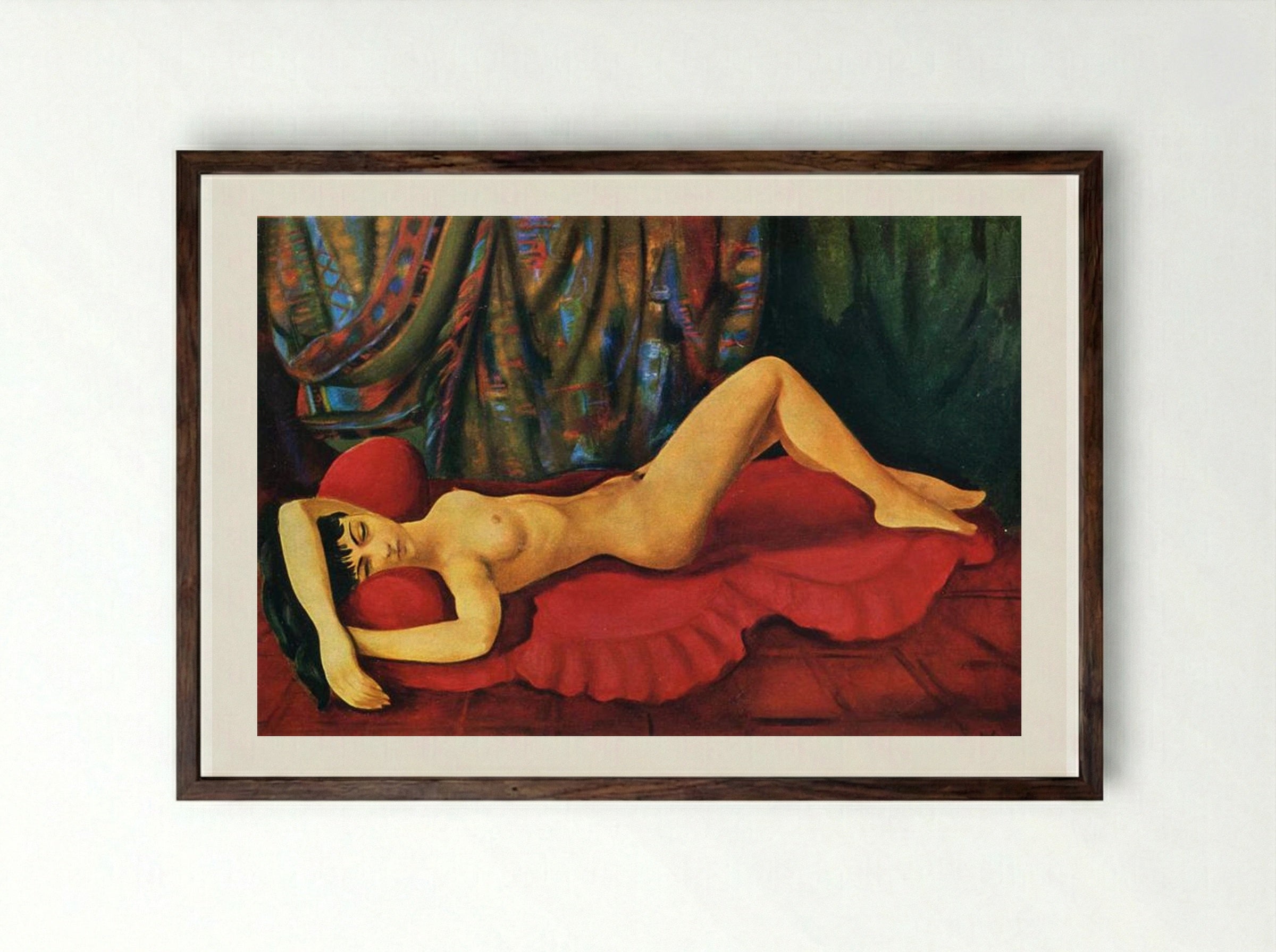 Large Nude Josan on Red Couch - Moïse Kisling - Framed Print Dark Wood