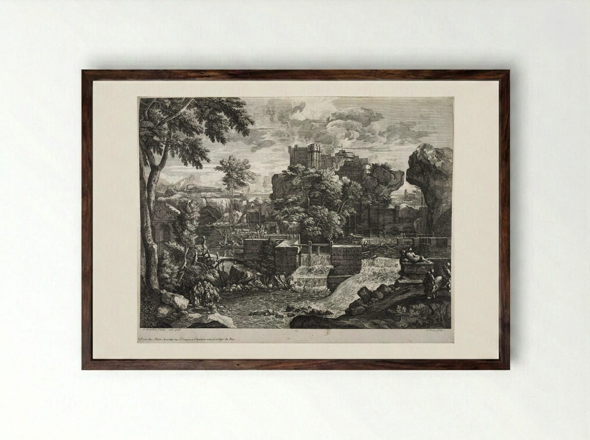 Large Rocky Landscape (with Flight into Egypt) - Jacques Prou - Framed Print Dark Wood