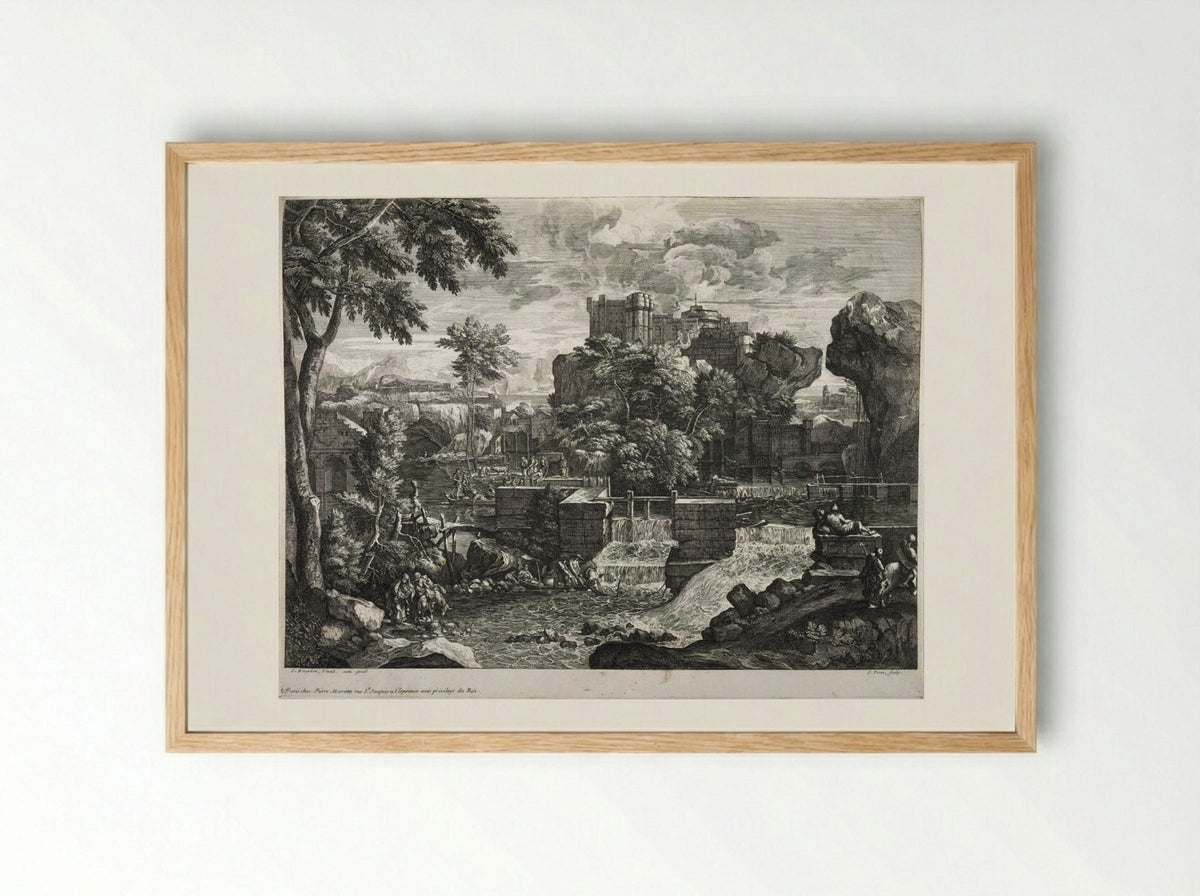 Large Rocky Landscape (with Flight into Egypt) - Jacques Prou - Framed Print Wood