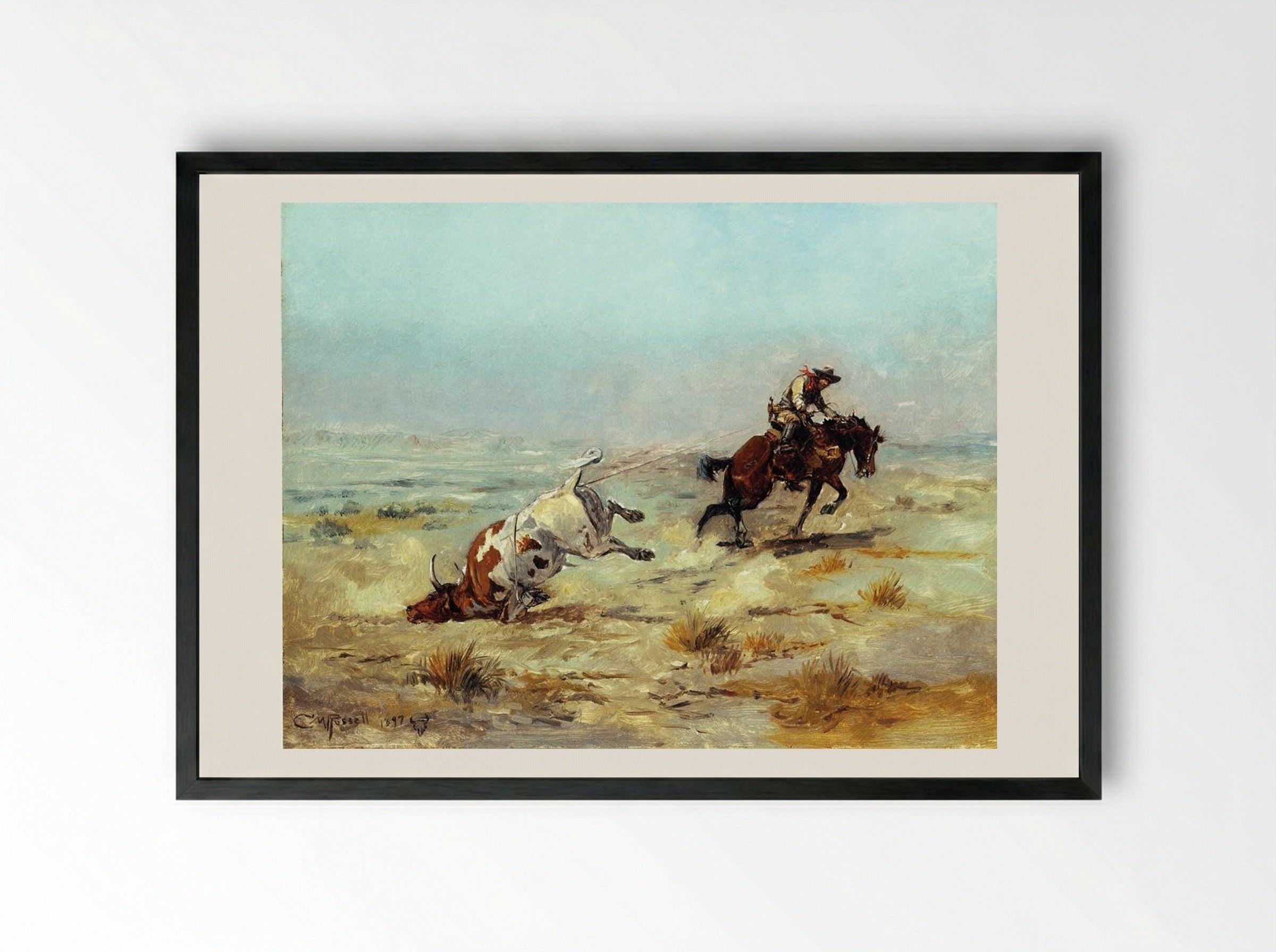 Lassoing a Steer - Charles M. Russell - Framed Print Black
