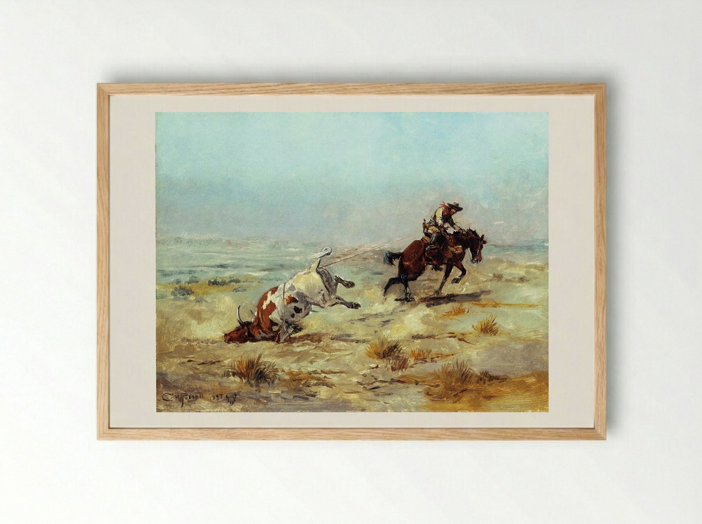 Lassoing a Steer - Charles M. Russell - Framed Print Wood