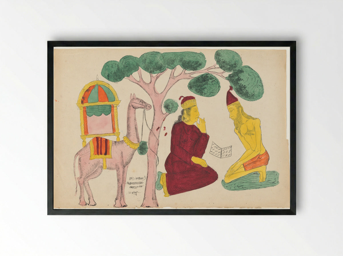 Layla Visiting Majnun in the Desert - Becharam Das Dutta - Framed Print Black