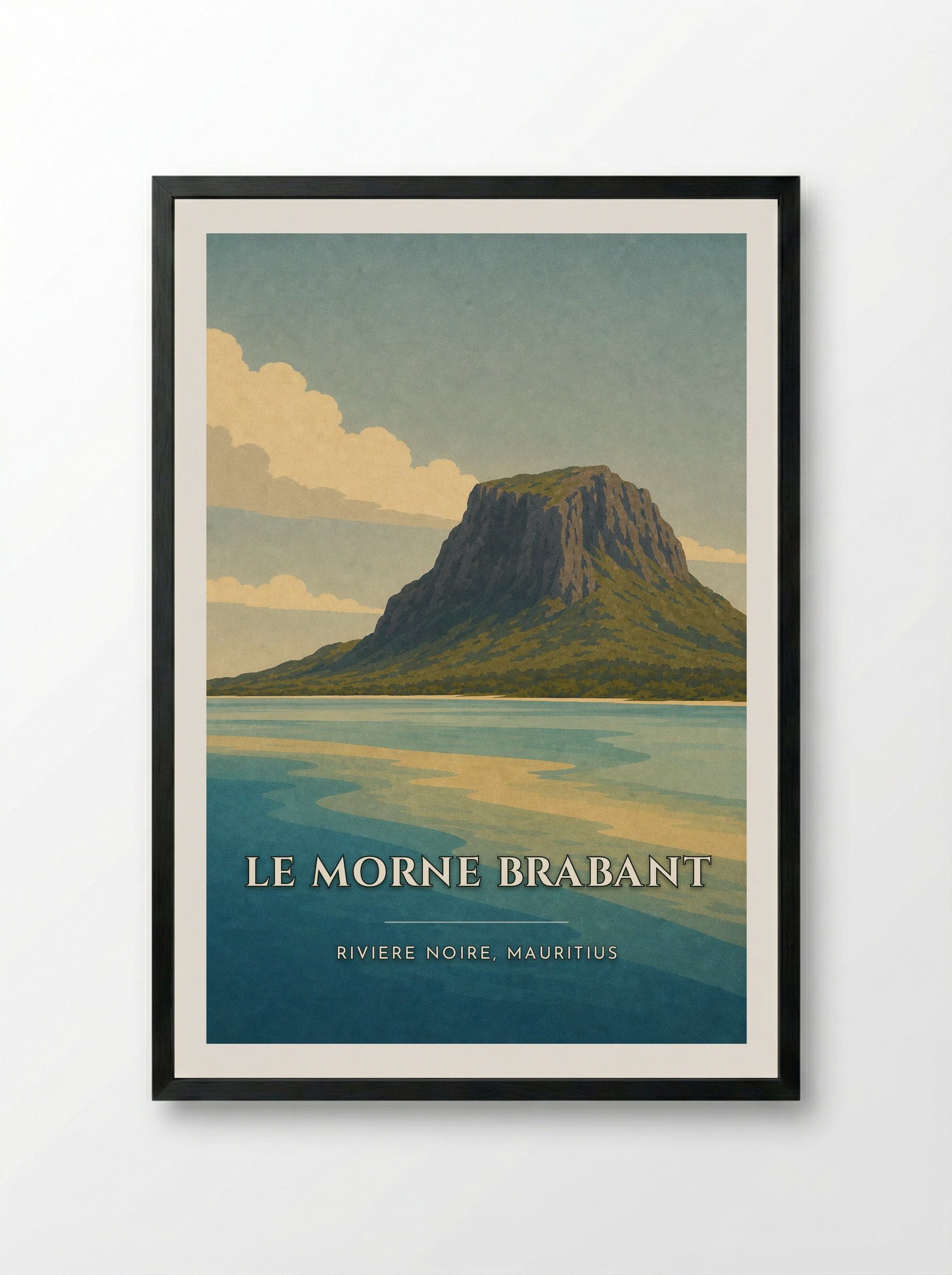 Le Morne Brabant Travel Poster Artwork - Framed Print Black