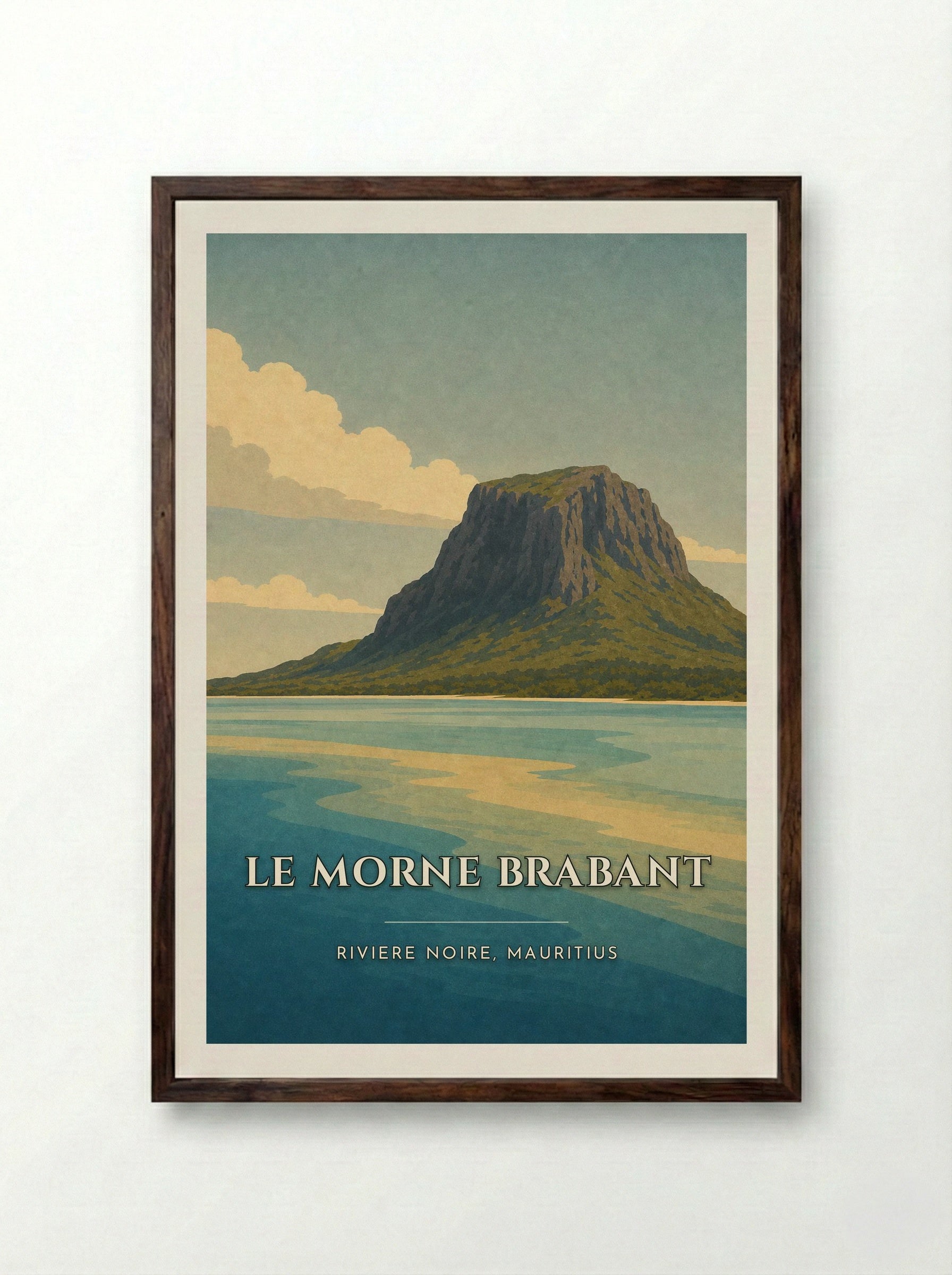 Le Morne Brabant Travel Poster Artwork - Framed Print Dark Wood