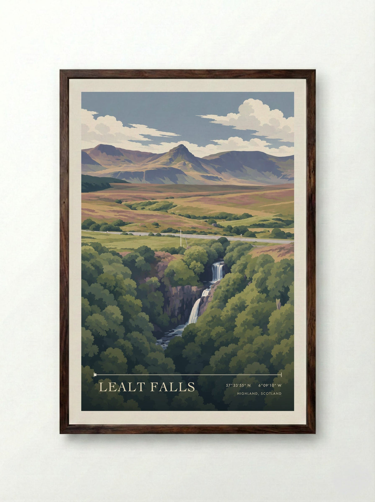 Lealt Falls, Highland, Scotland | Travel Poster - Framed Print Dark Wood