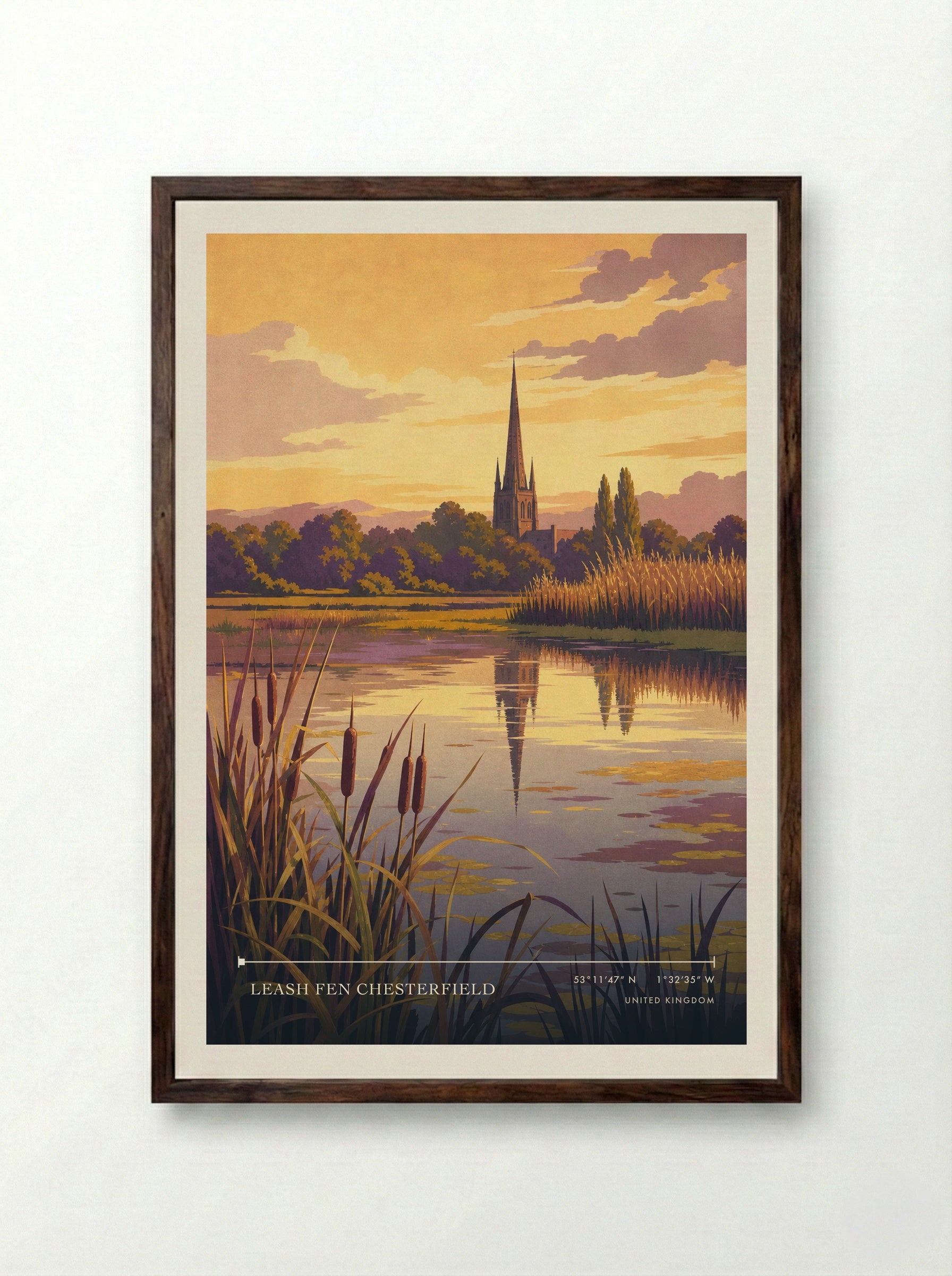 Leash Fen Chesterfield United Kingdom Travel Poster - Framed Print Dark Wood