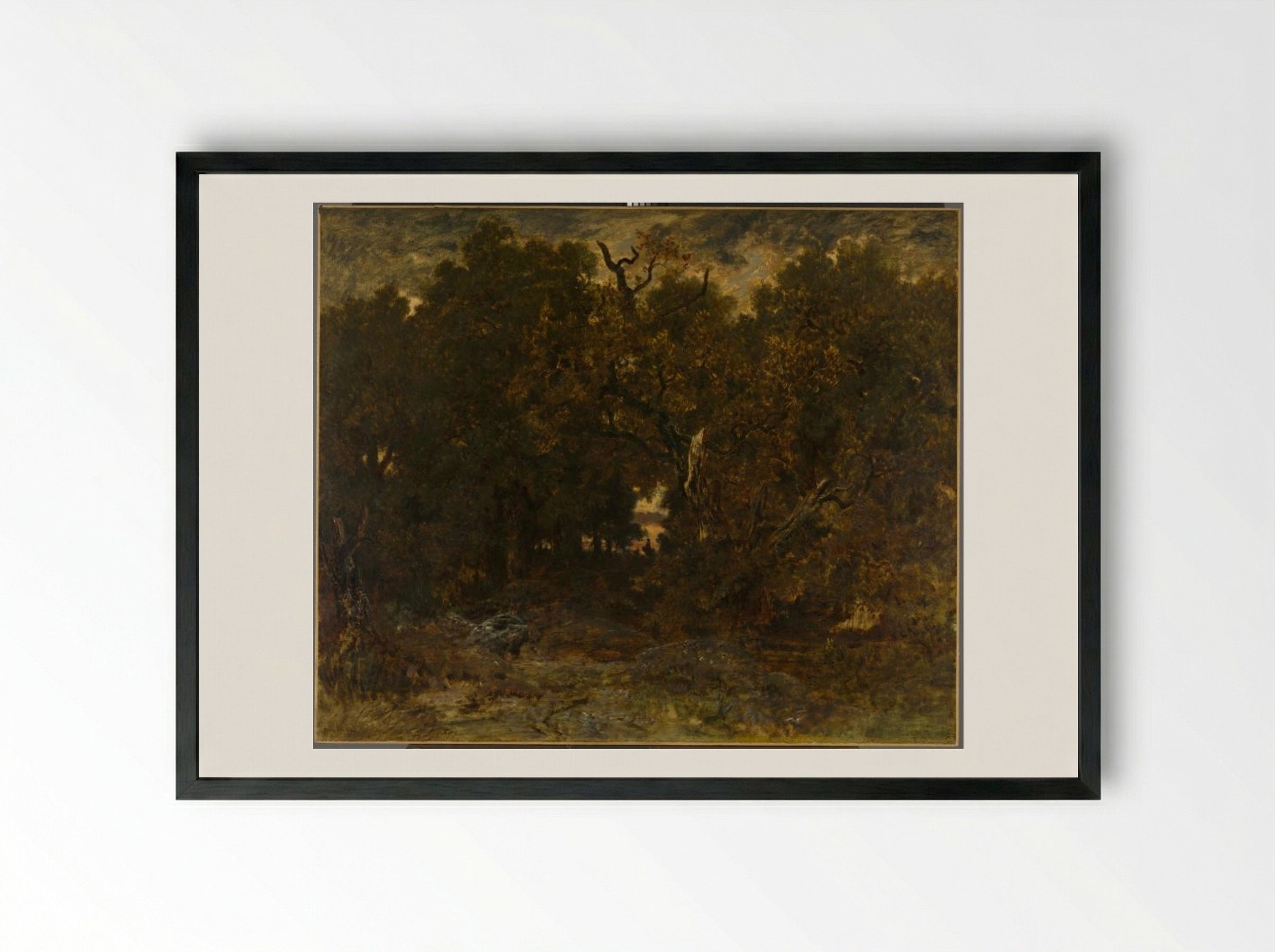 Leaving the Forest, Fontainebleau: Setting Sun - Théodore Rousseau - Framed Print Black