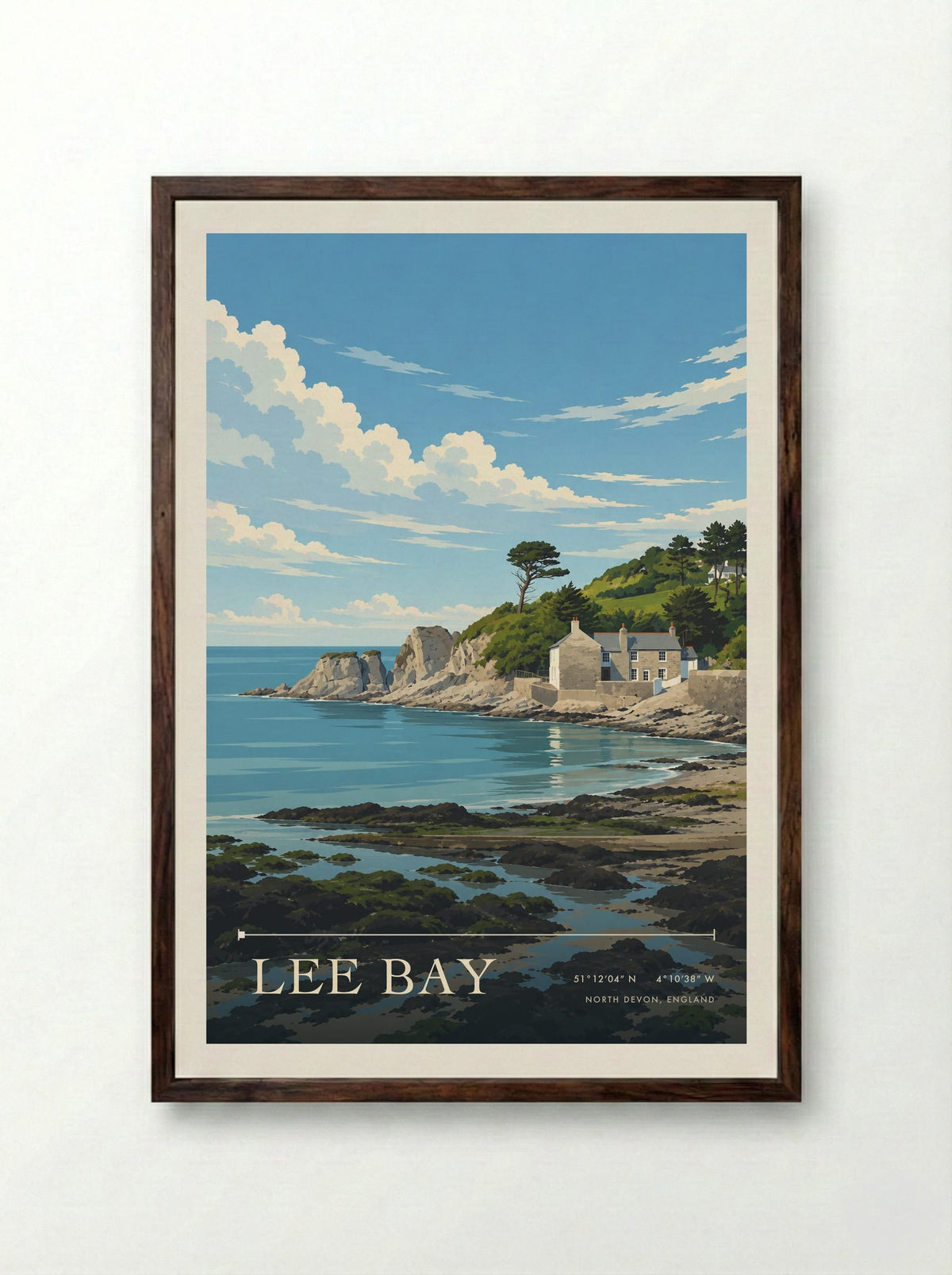 Lee Bay, North Devon, England | Travel Poster - Framed Print Dark Wood