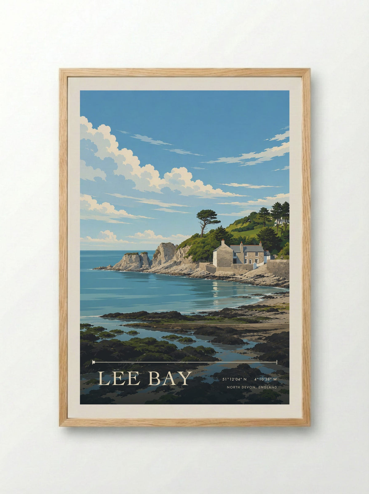 Lee Bay, North Devon, England | Travel Poster - Framed Print Wood