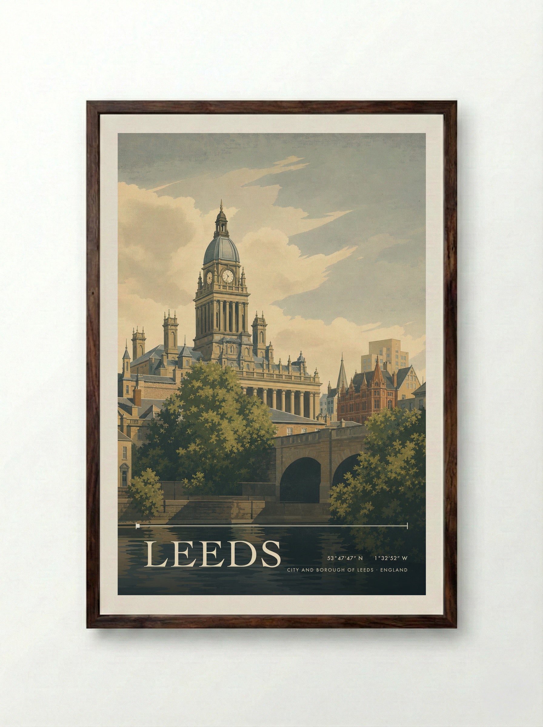 Leeds City and Borough of Leeds England Travel Poster - Framed Print Dark Wood