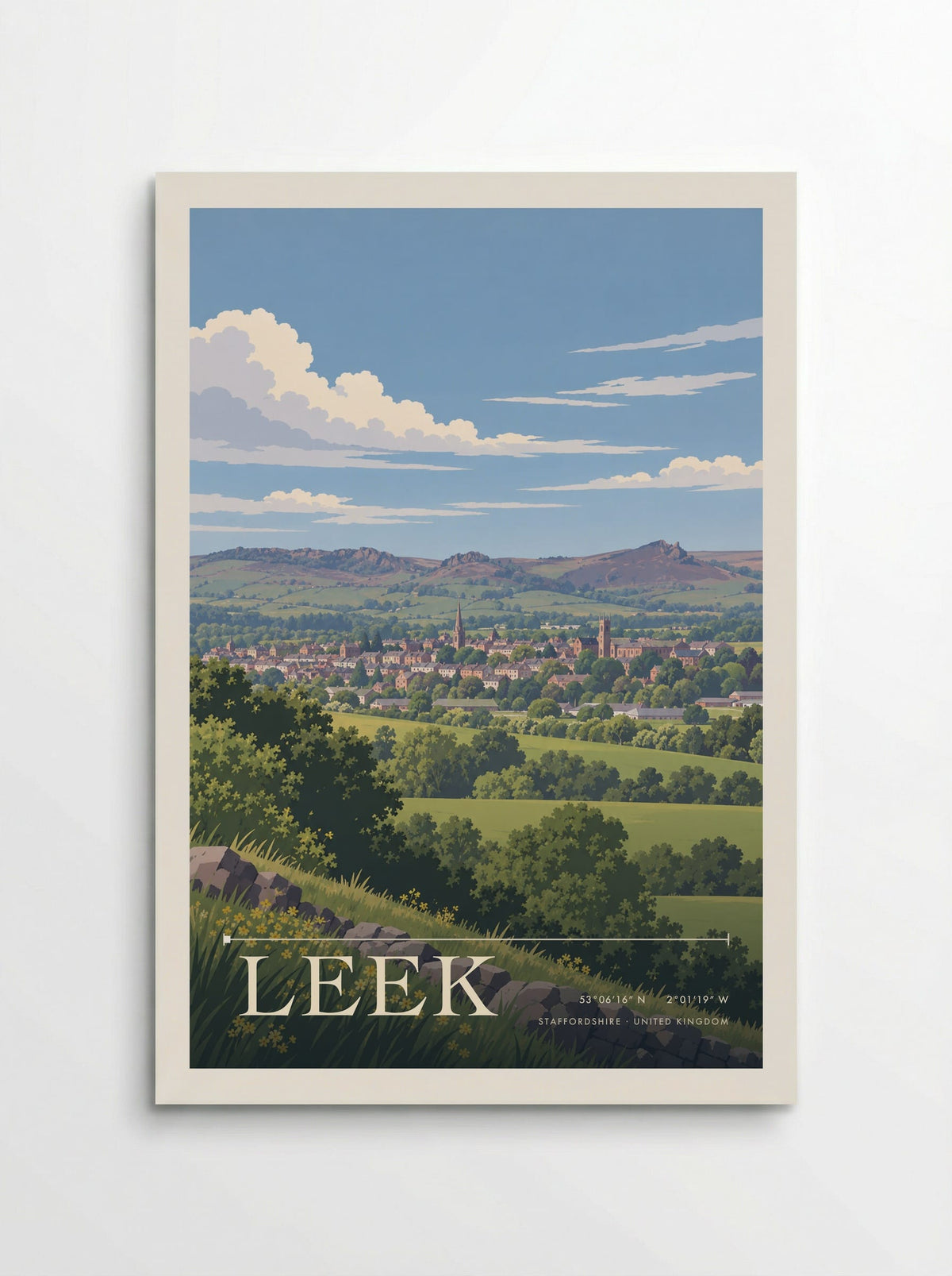 Leek, Staffordshire travel poster: church towers, pale town roofs and leafy fields below a rocky Moorlands ridge beneath a bright clouded sky
