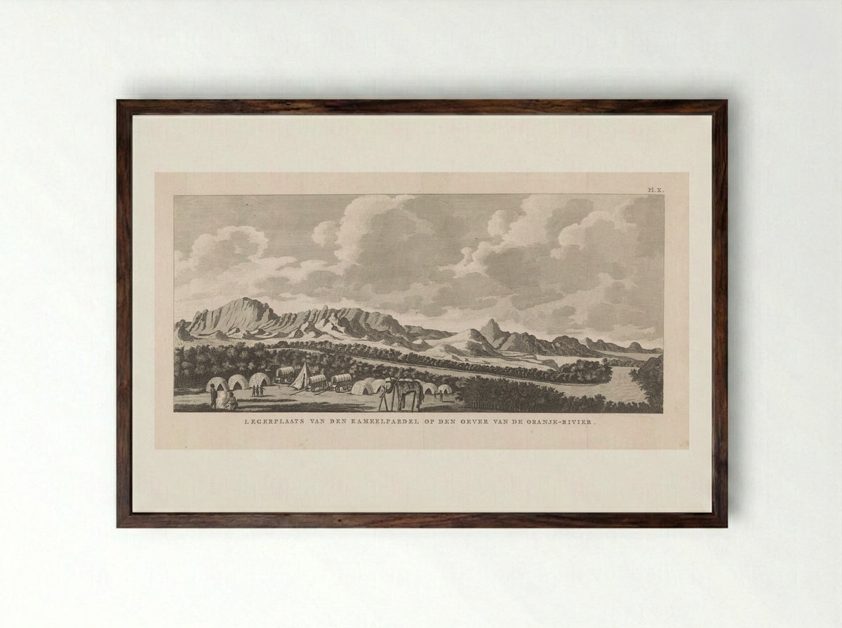 Legerplaats van den Kameelpardel op den Oever van de Oranje-Rivier - Dirk de Jong - Framed Print Dark Wood