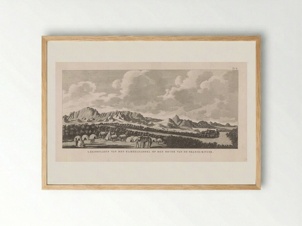 Legerplaats van den Kameelpardel op den Oever van de Oranje-Rivier - Dirk de Jong - Framed Print Wood