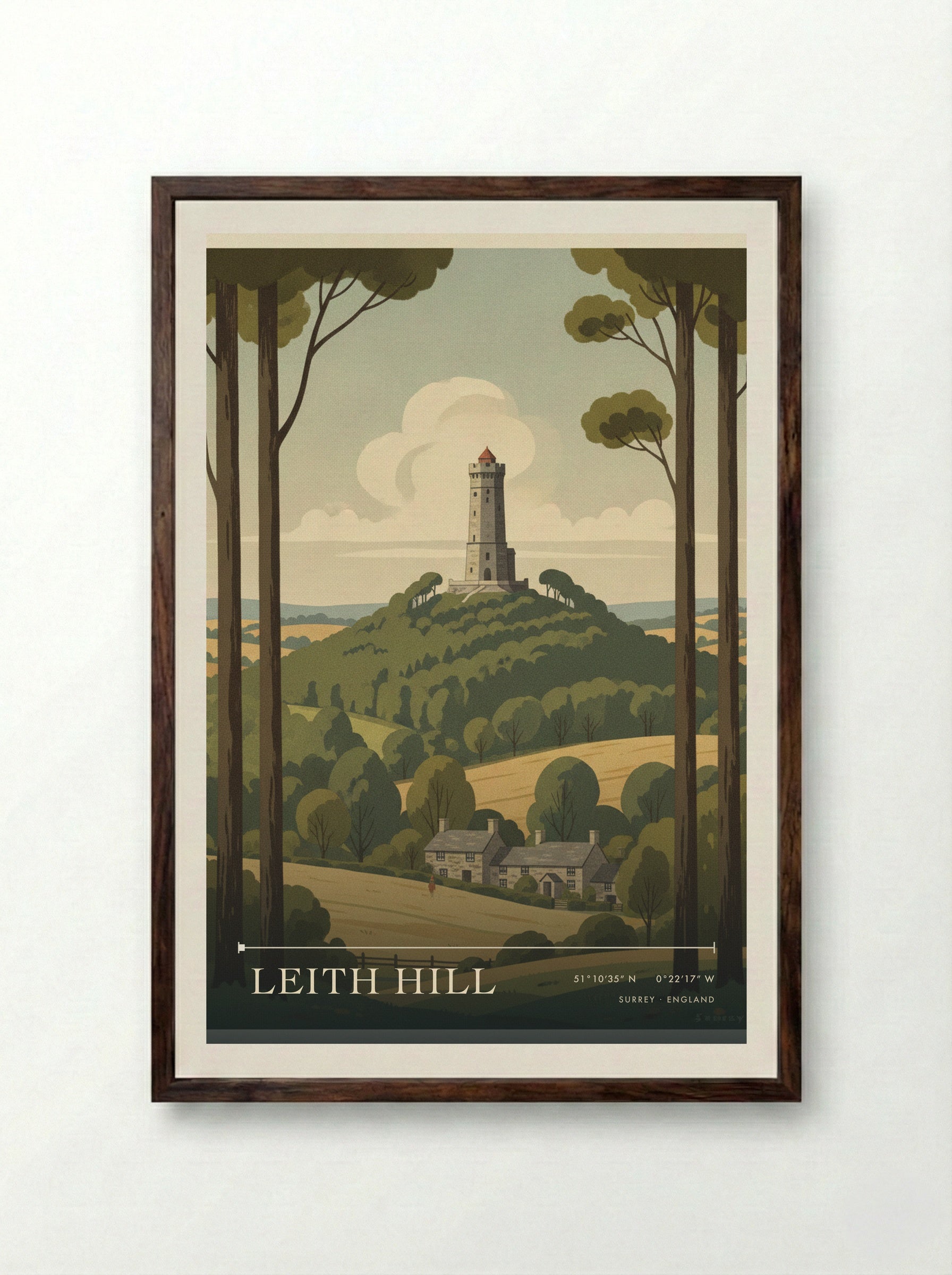 Leith Hill Surrey England Travel Poster - Framed Print Dark Wood
